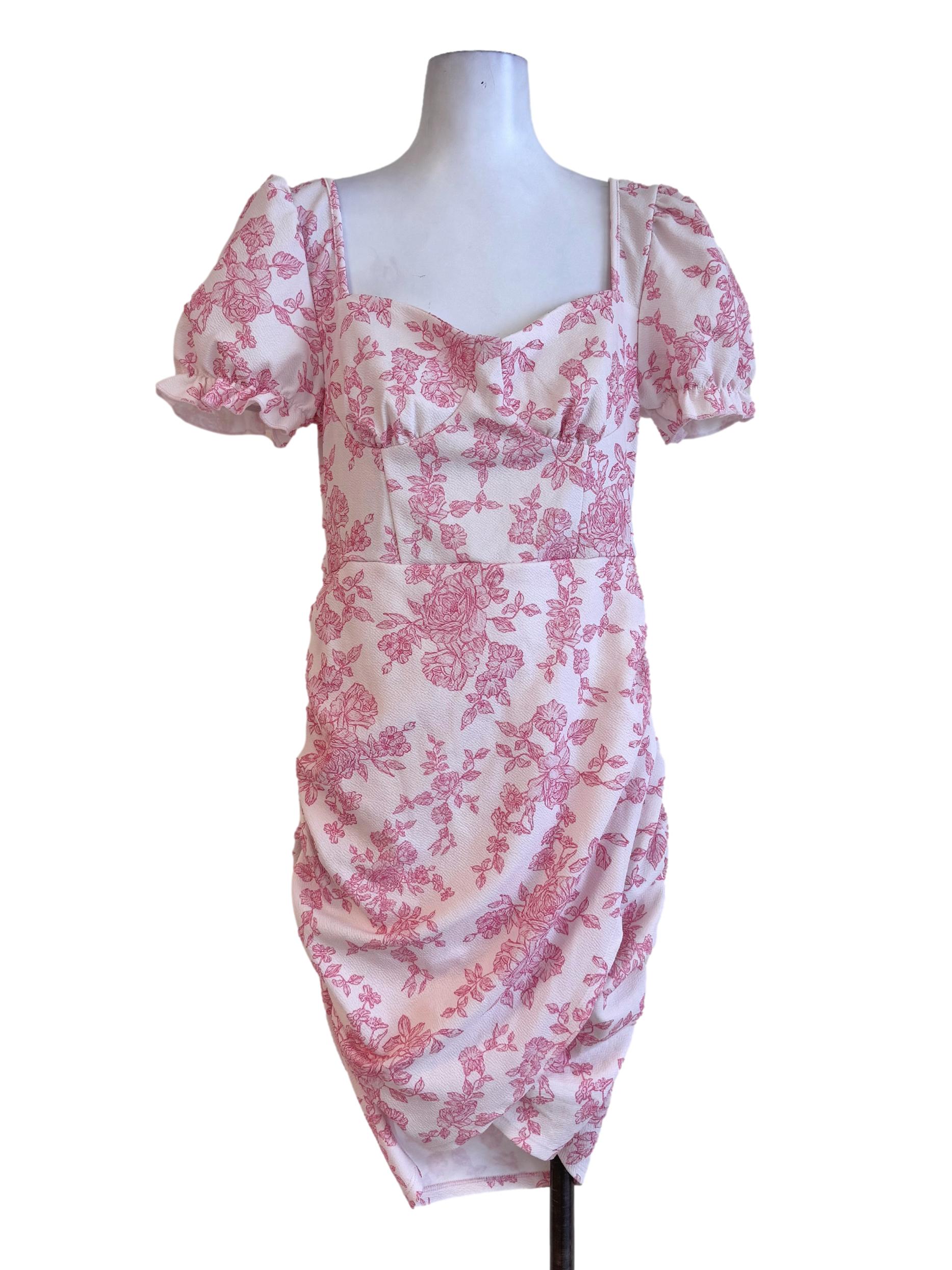 Pink Floral Crinkle Lycra Ruched Dress