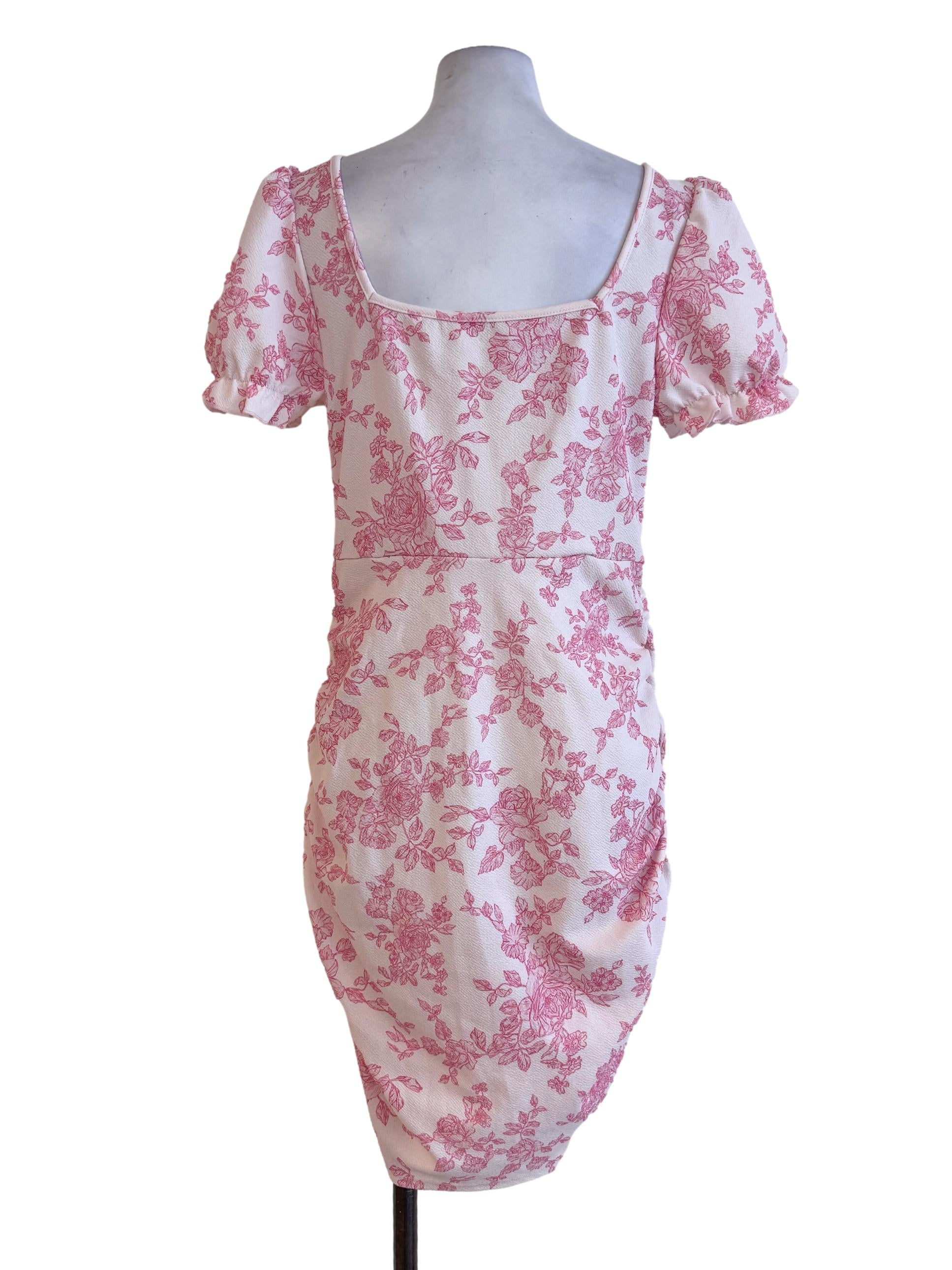Pink Floral Crinkle Lycra Ruched Dress