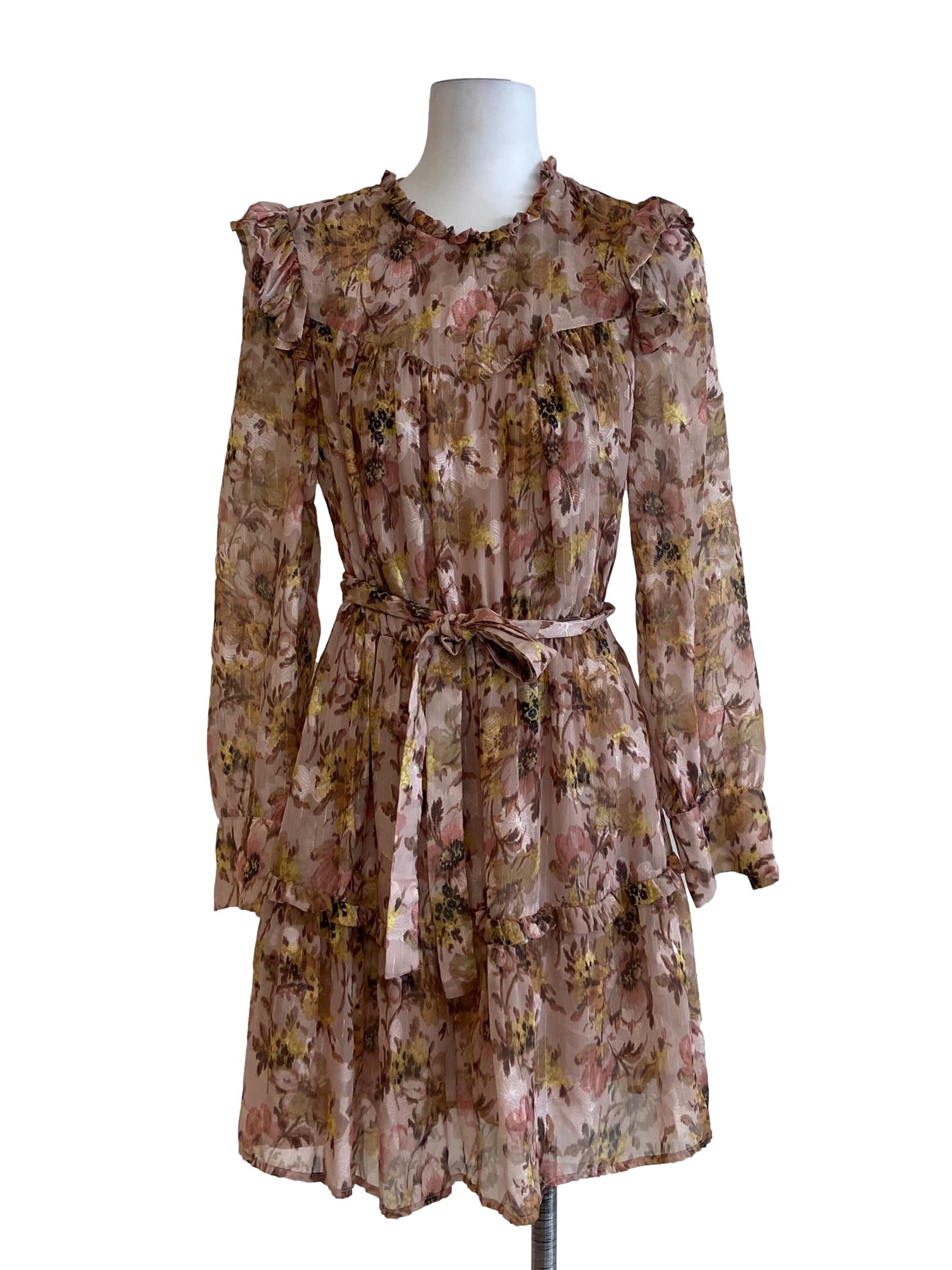 Chiffon Beige Floral Pegged Layered Dress