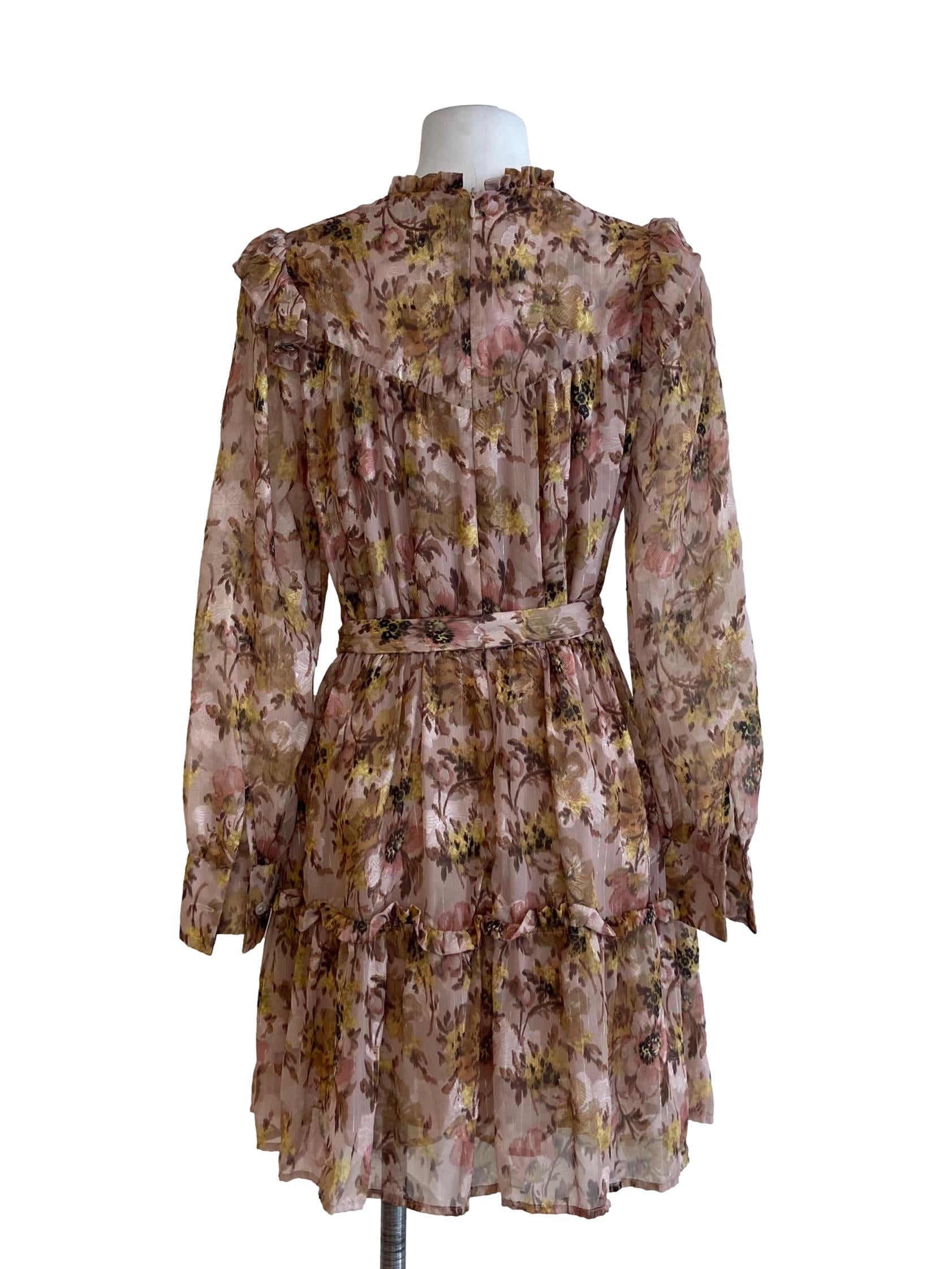 Chiffon Beige Floral Pegged Layered Dress