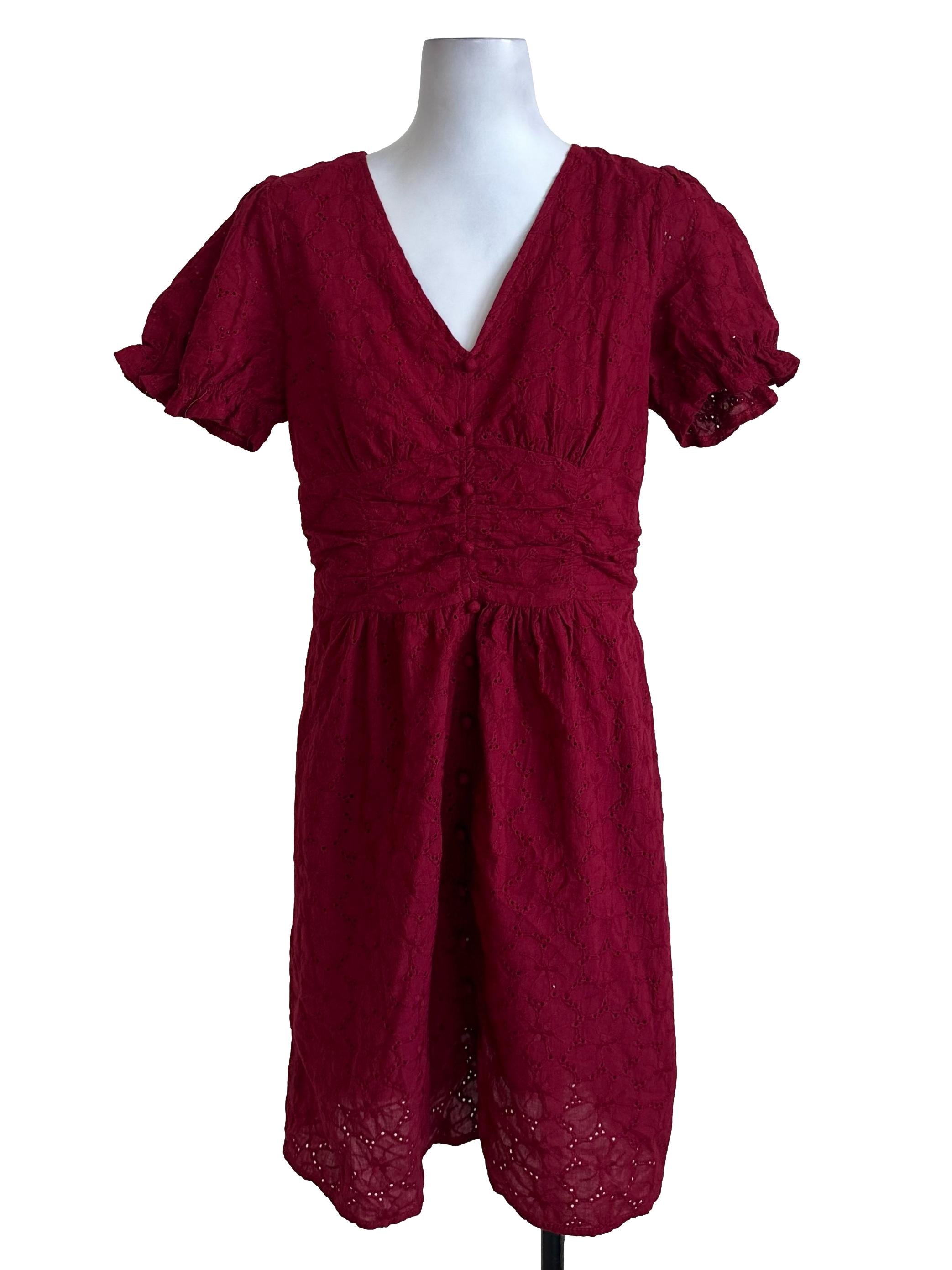 Ruby Red Button Eyelet Embroidery Dress