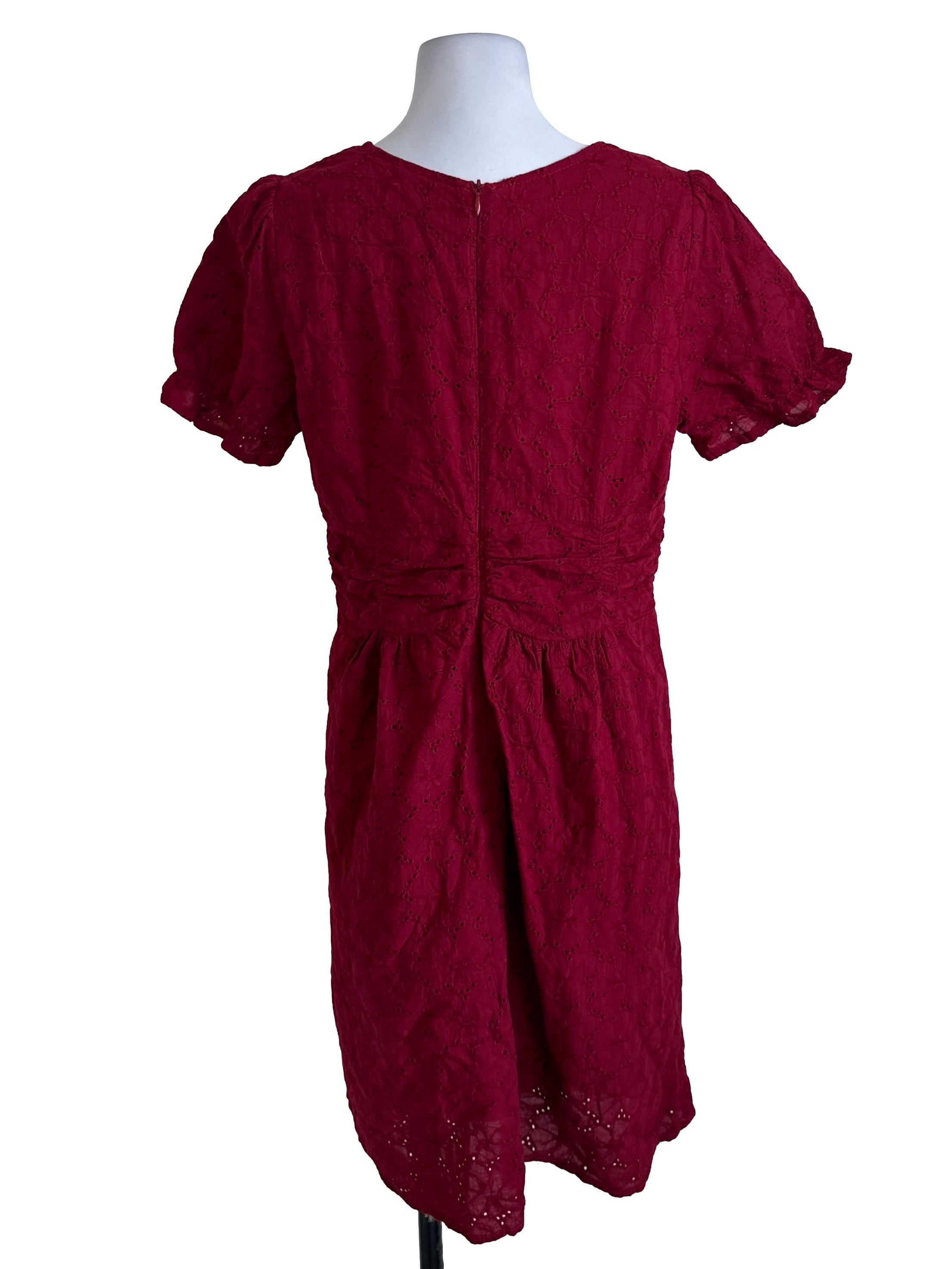 Ruby Red Button Eyelet Embroidery Dress