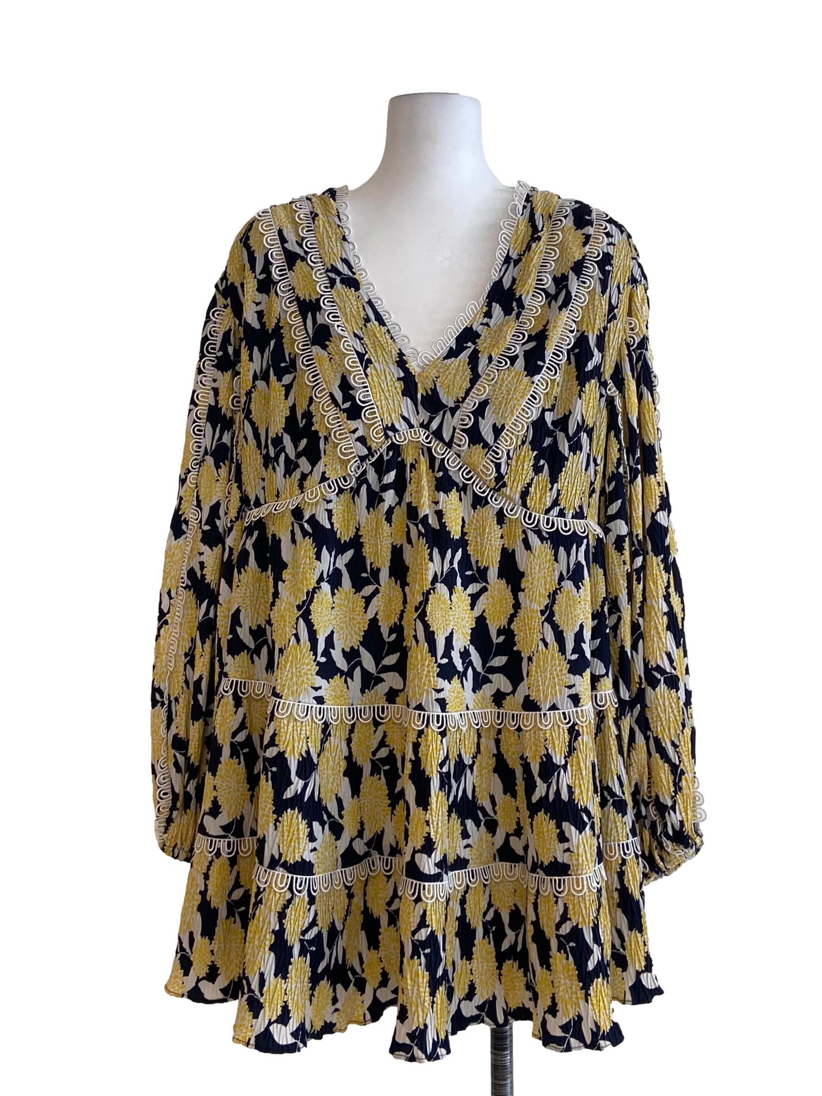 Navy Blue & Yellow Floral V-Neck Dress