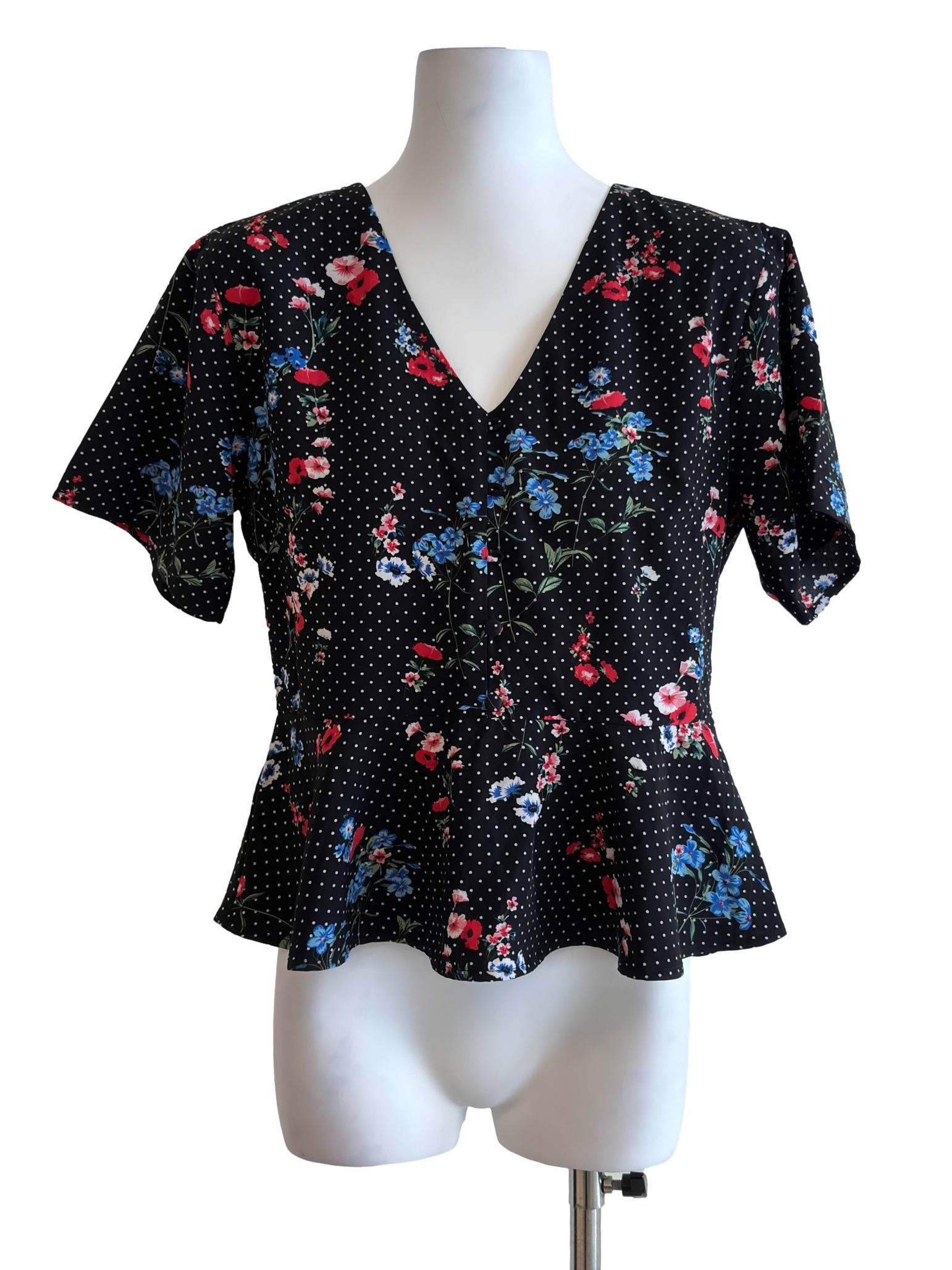 Black Polka Dots Floral Print Peplum Top