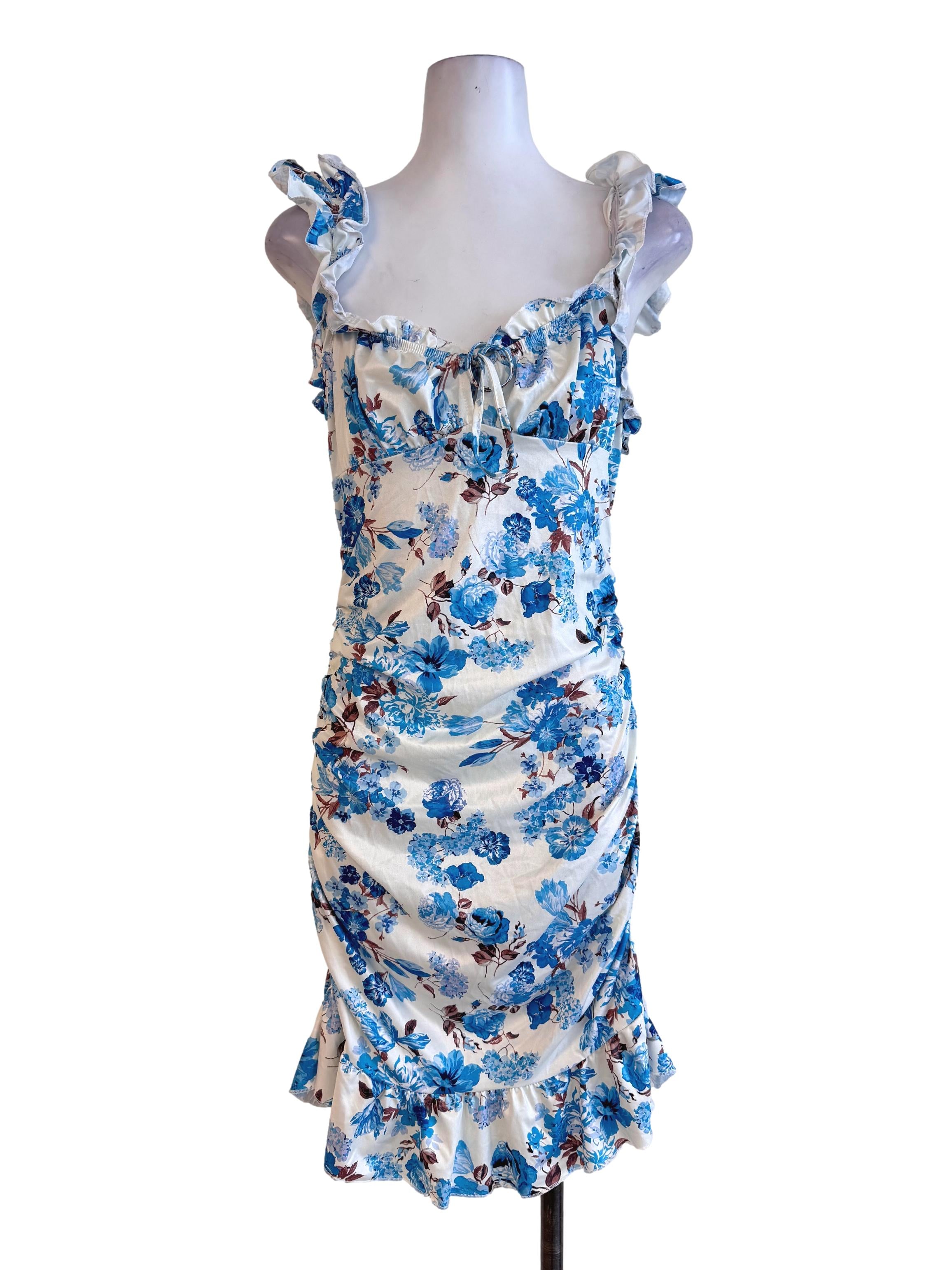 White With Blue Floral Ruched Lycra Dress