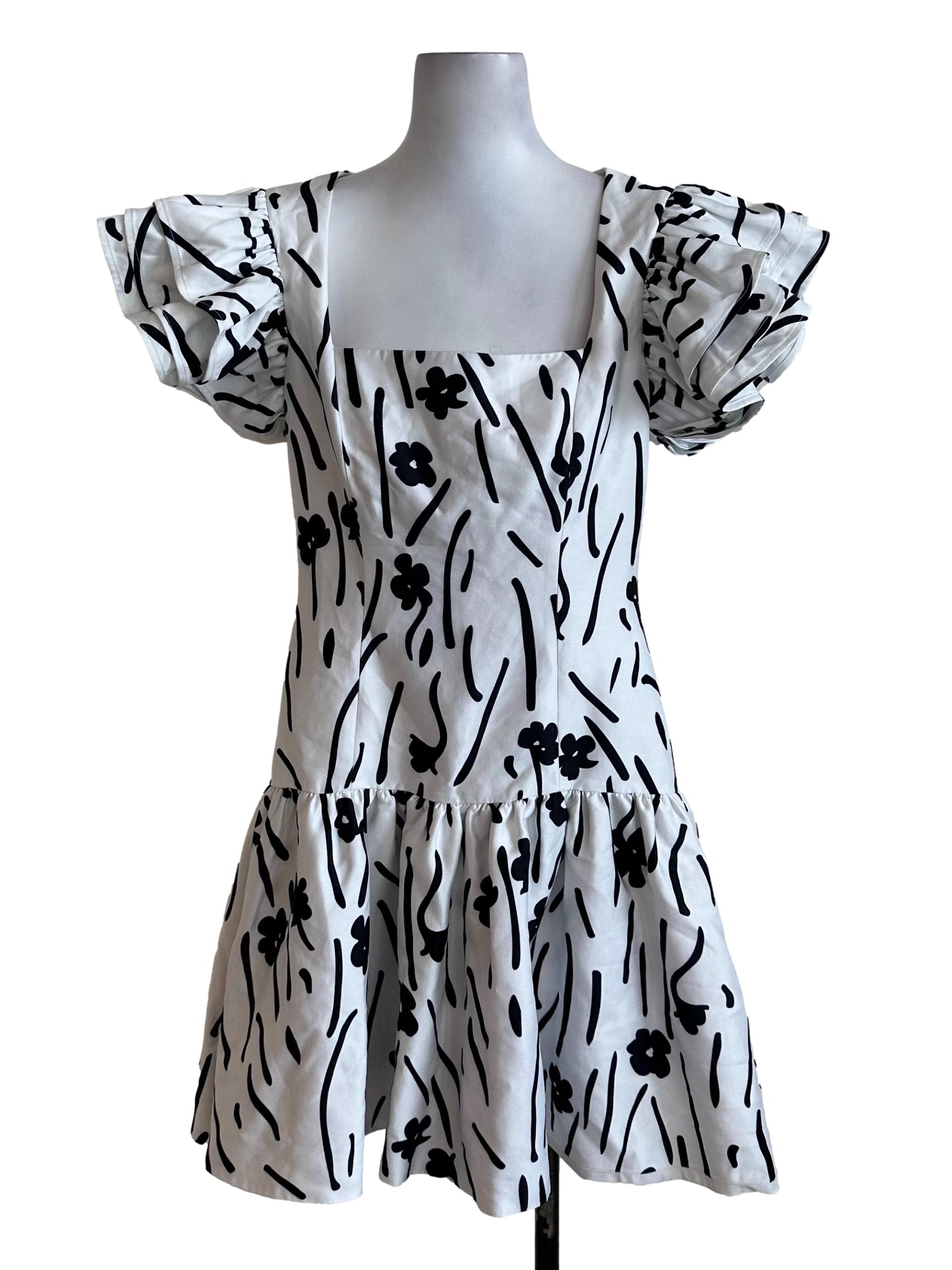 White Black Pattern Dropwaist Dress