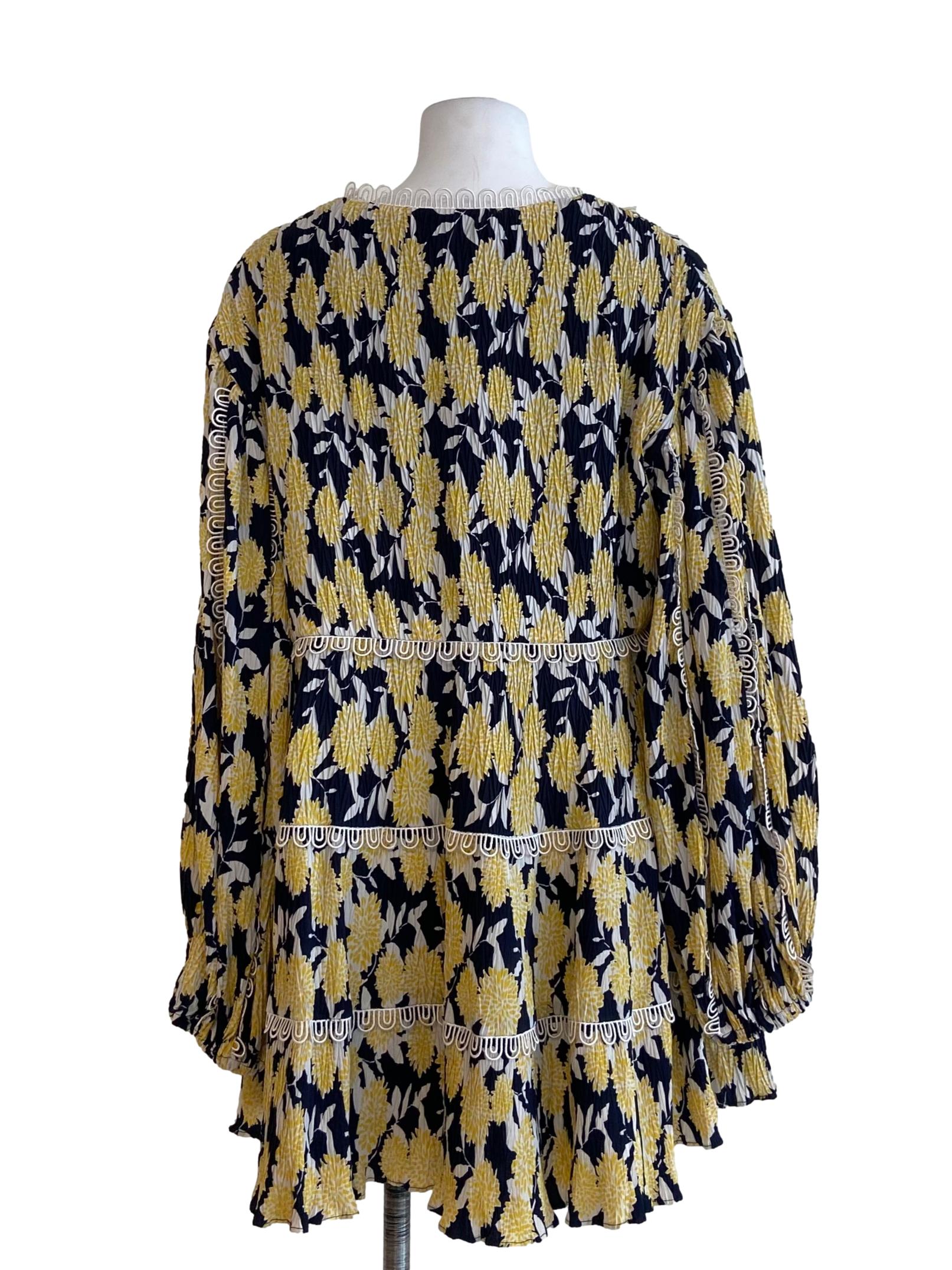 Navy Blue & Yellow Floral V-Neck Dress