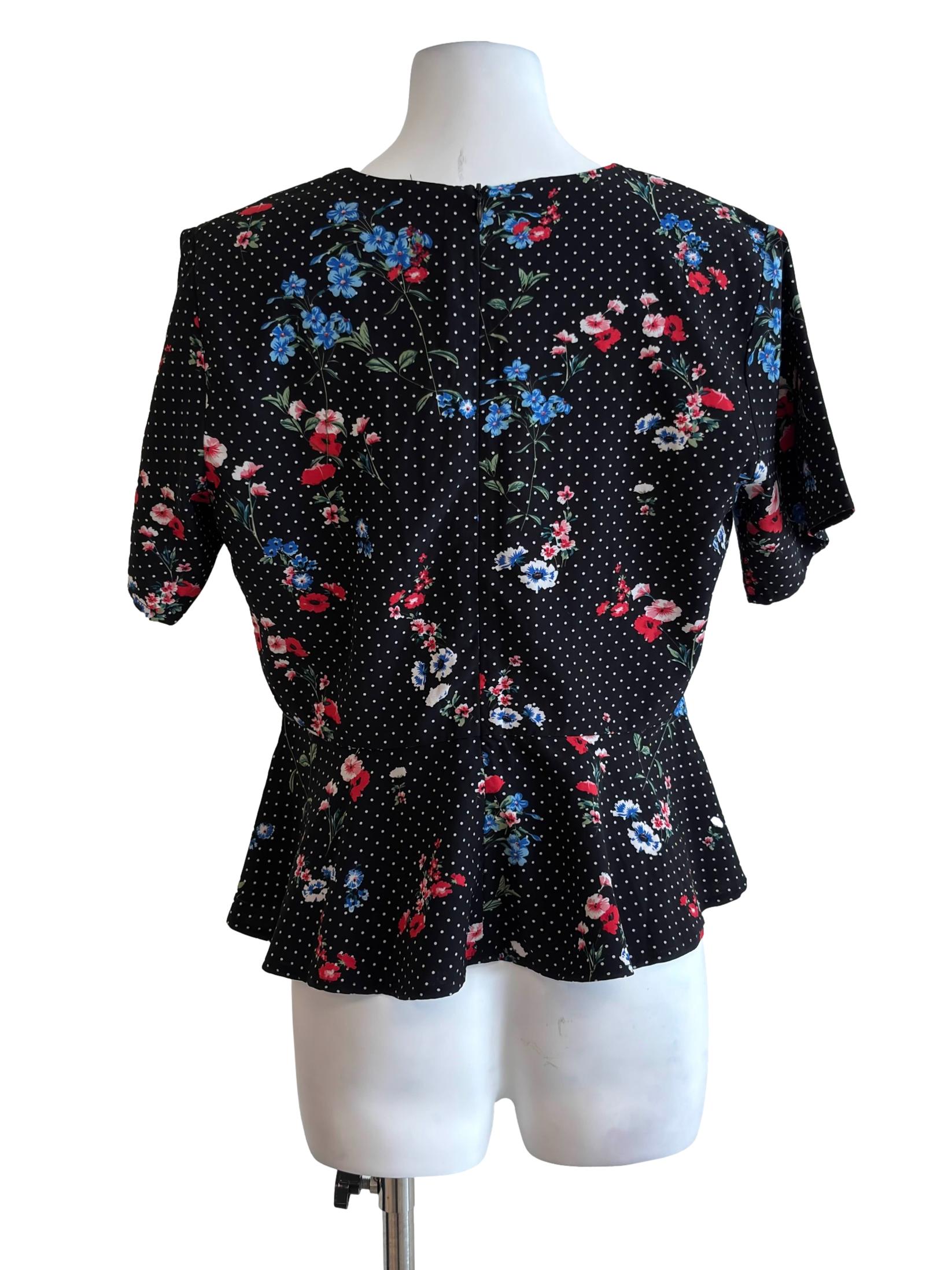 Black Polka Dots Floral Print Peplum Top