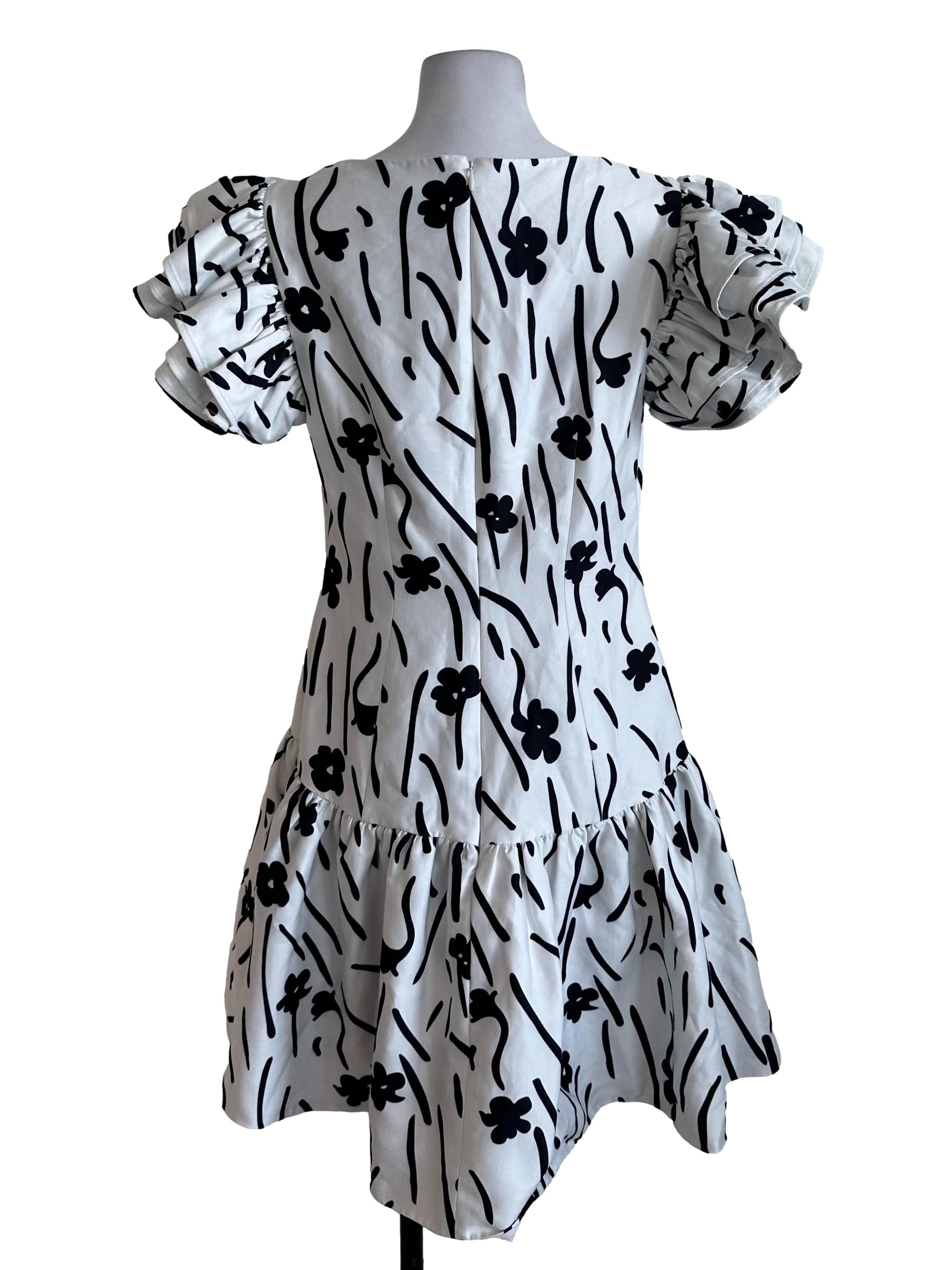 White Black Pattern Dropwaist Dress