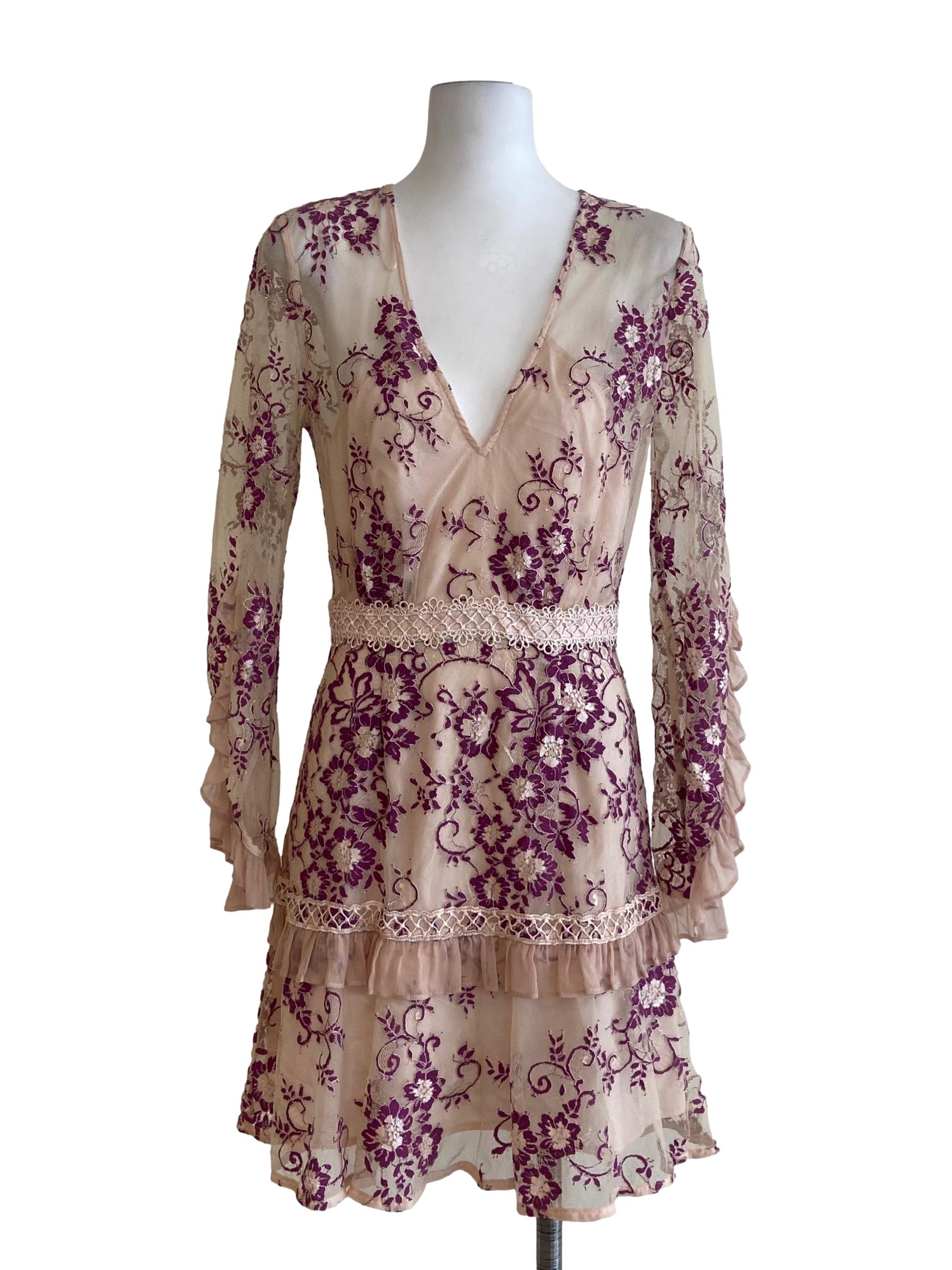 Coconut Beige & Purple Floral Lace Layered Dress