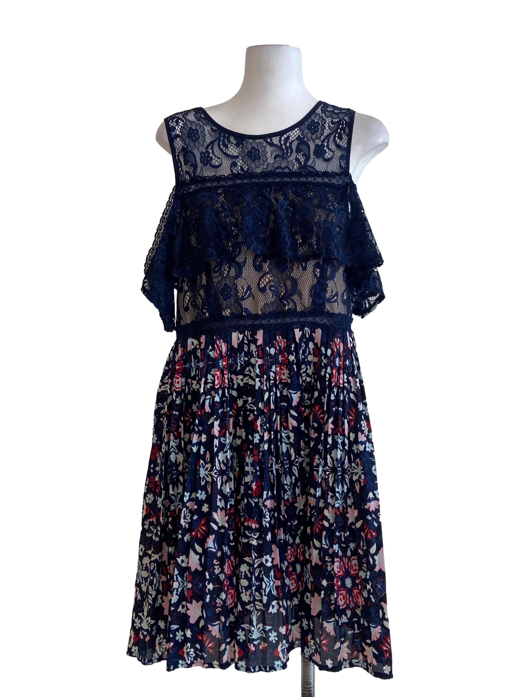 Navy Blue Floral Lace Pleated Apron Dress