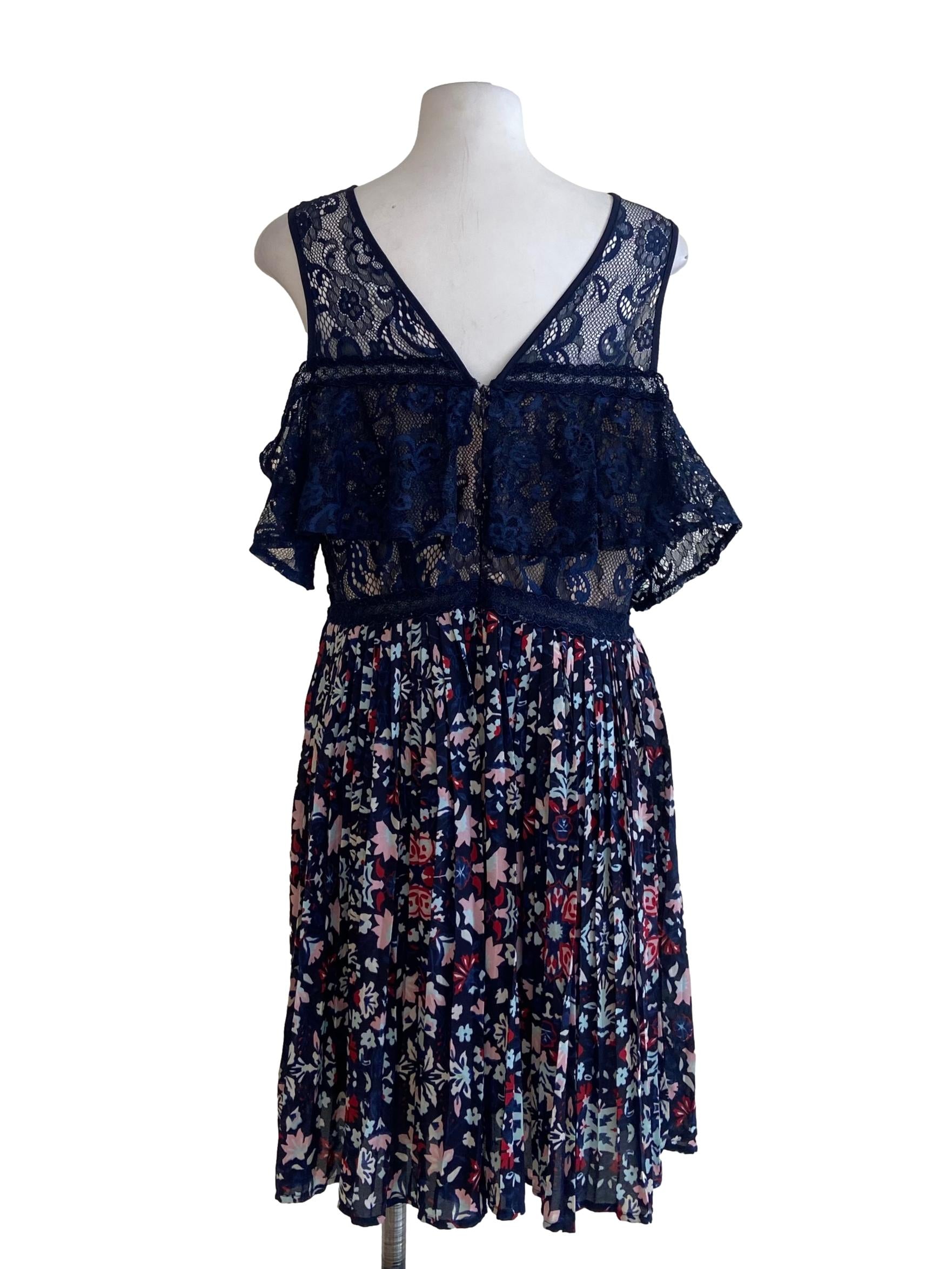 Navy Blue Floral Lace Pleated Apron Dress