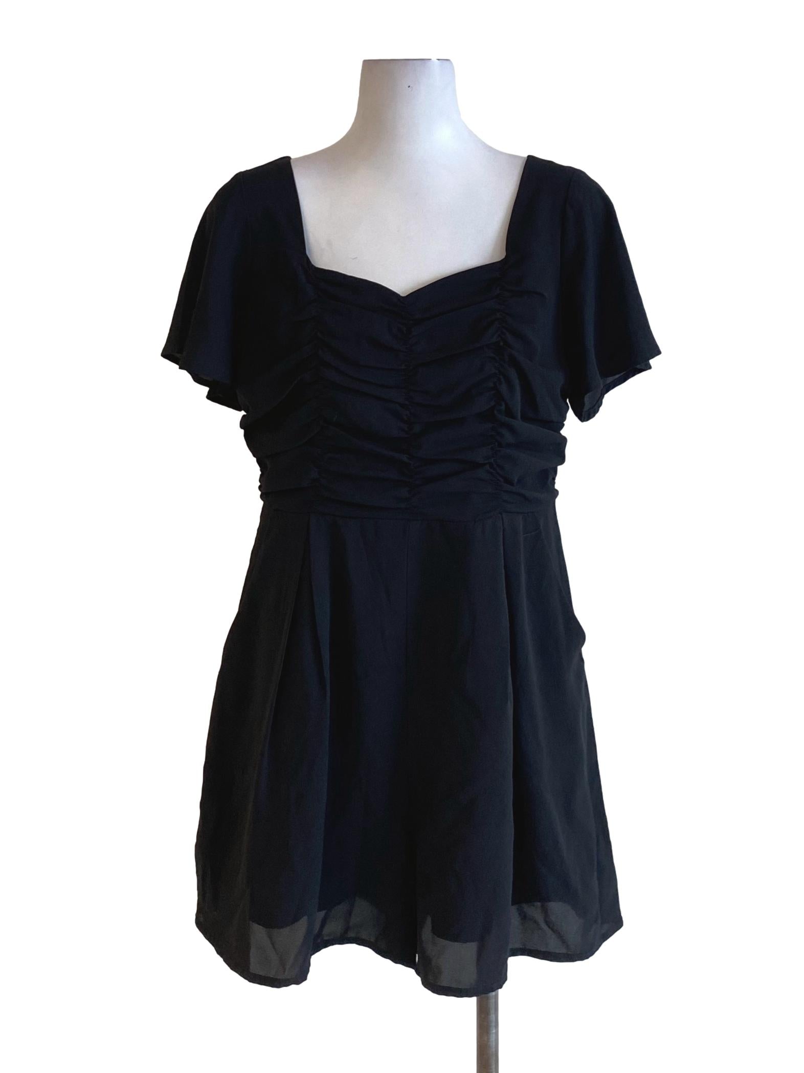 Rich Black Wrap Bust Cape Sleeve Romper