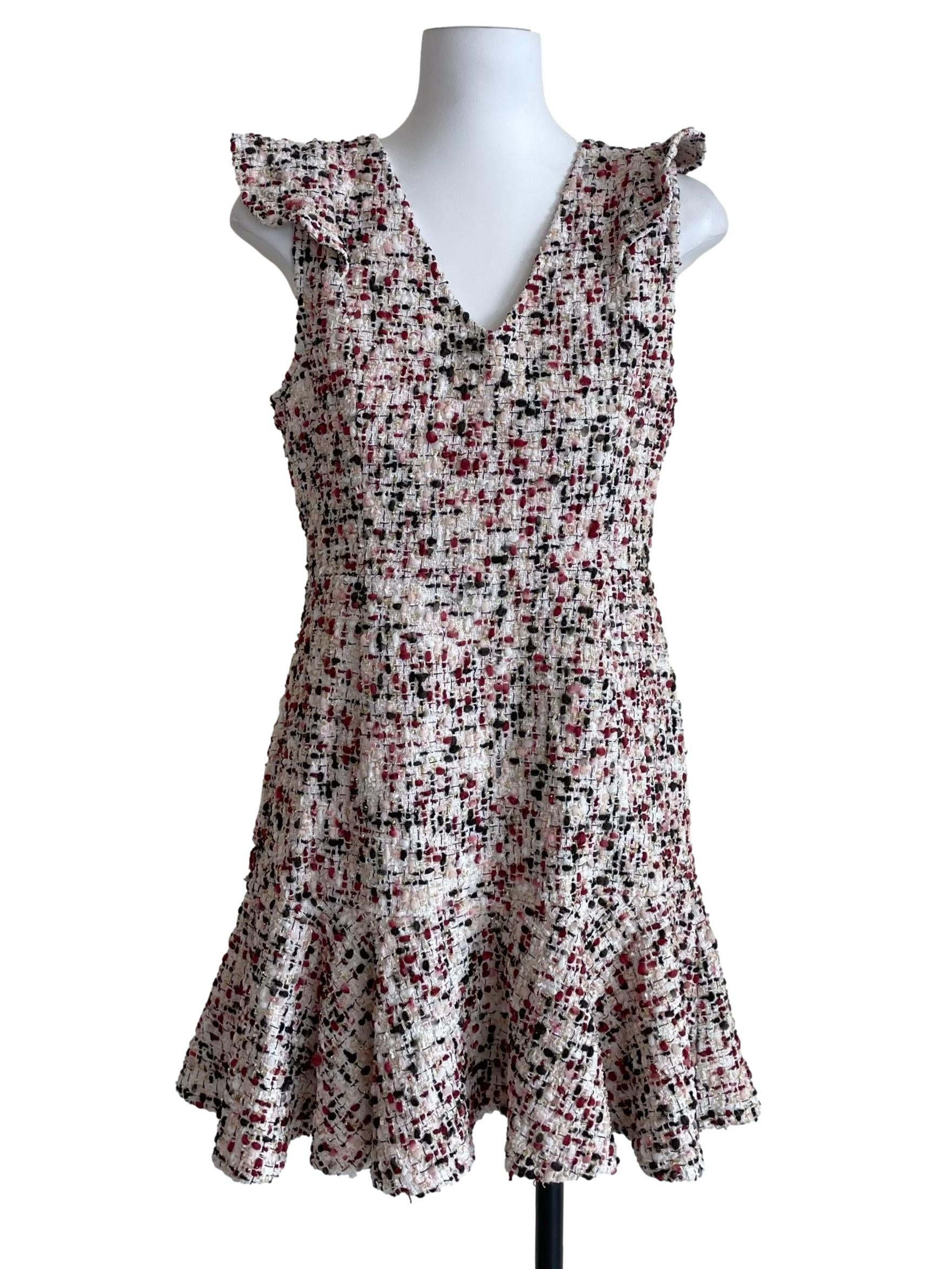 White Shiny Tweed Flounced Dress