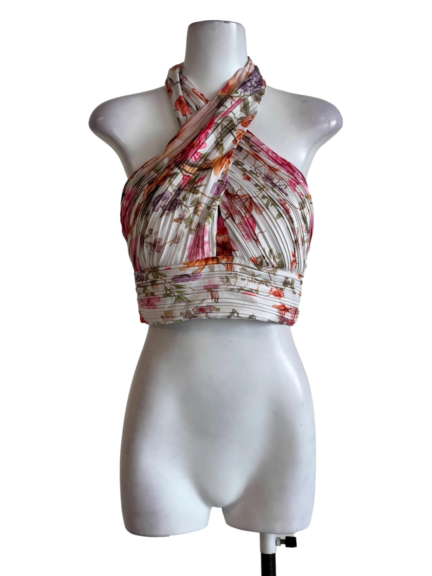 Champagne Floral Pleated Halter Top