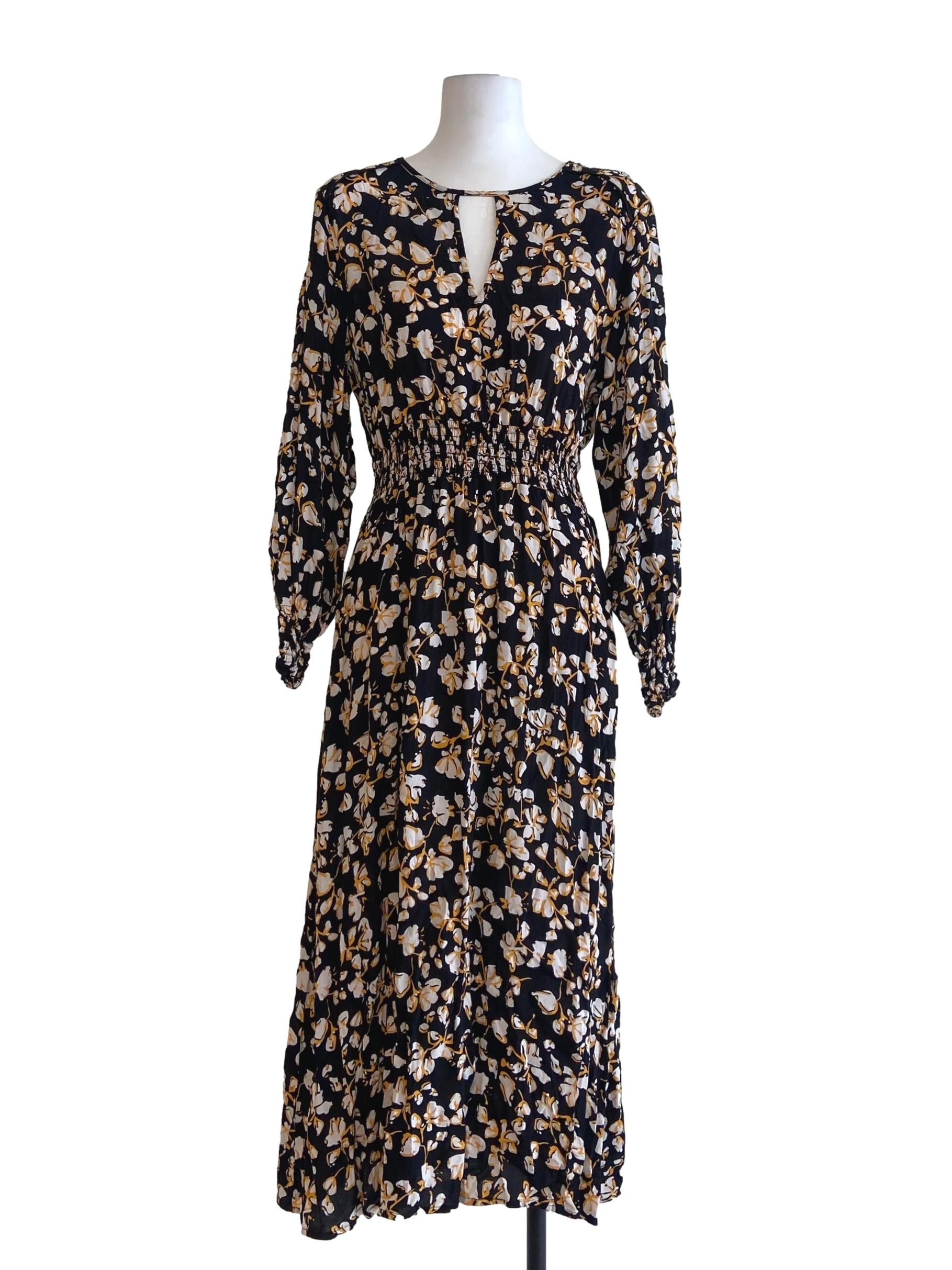 Black Floral V-Neck Pegged Empire Dress