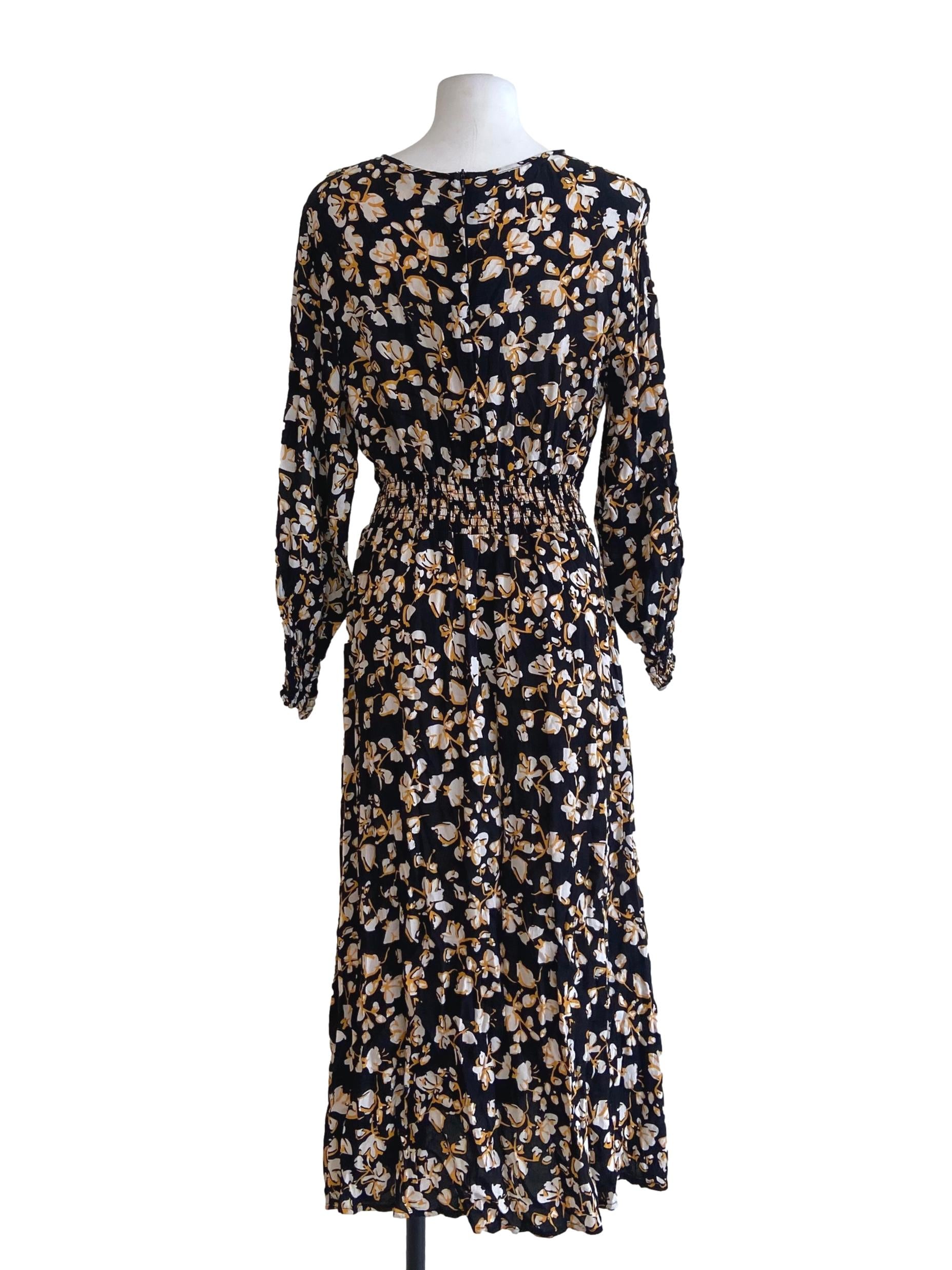 Black Floral V-Neck Pegged Empire Dress