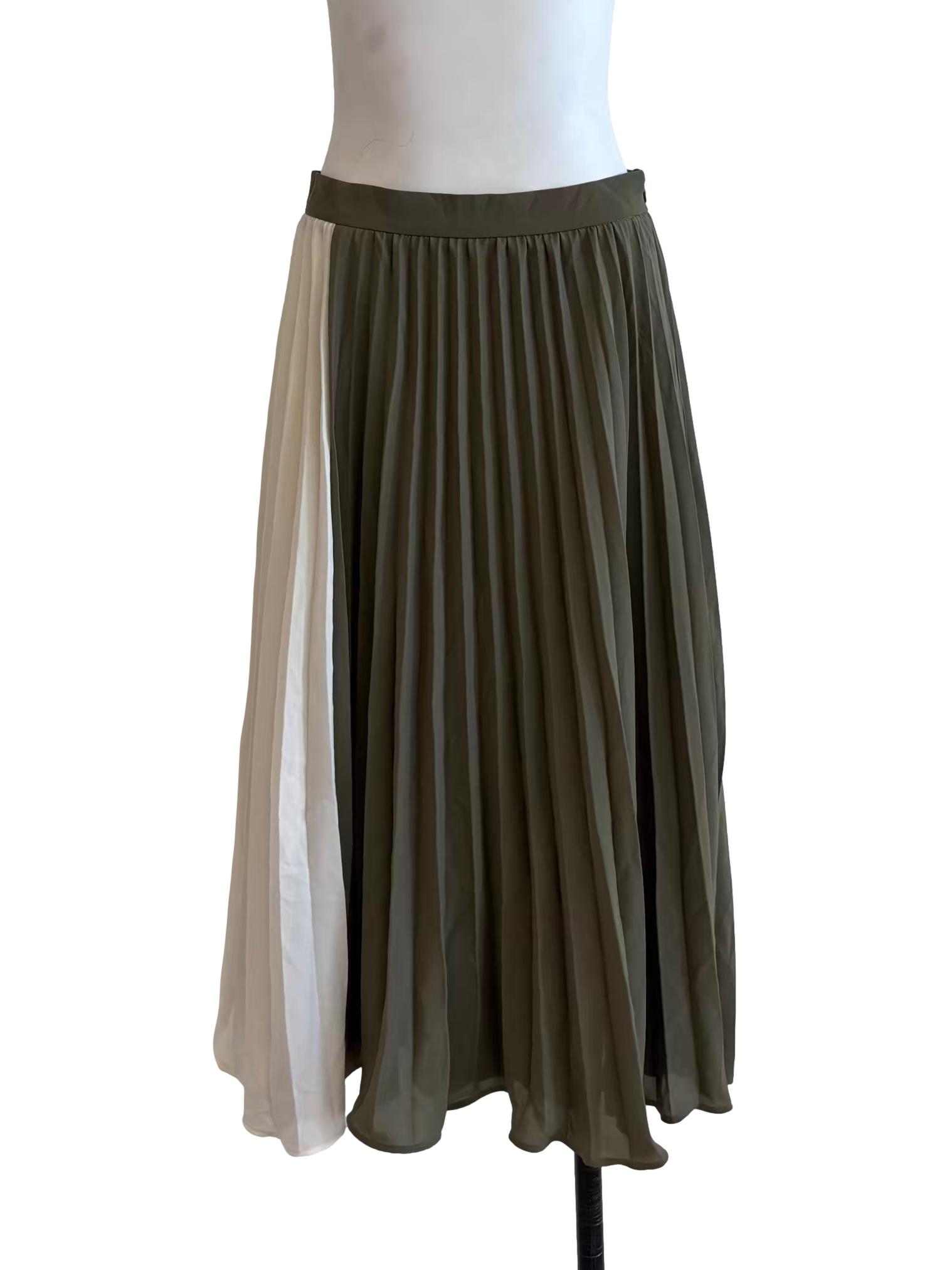 Olive Green White Pleated Skirt