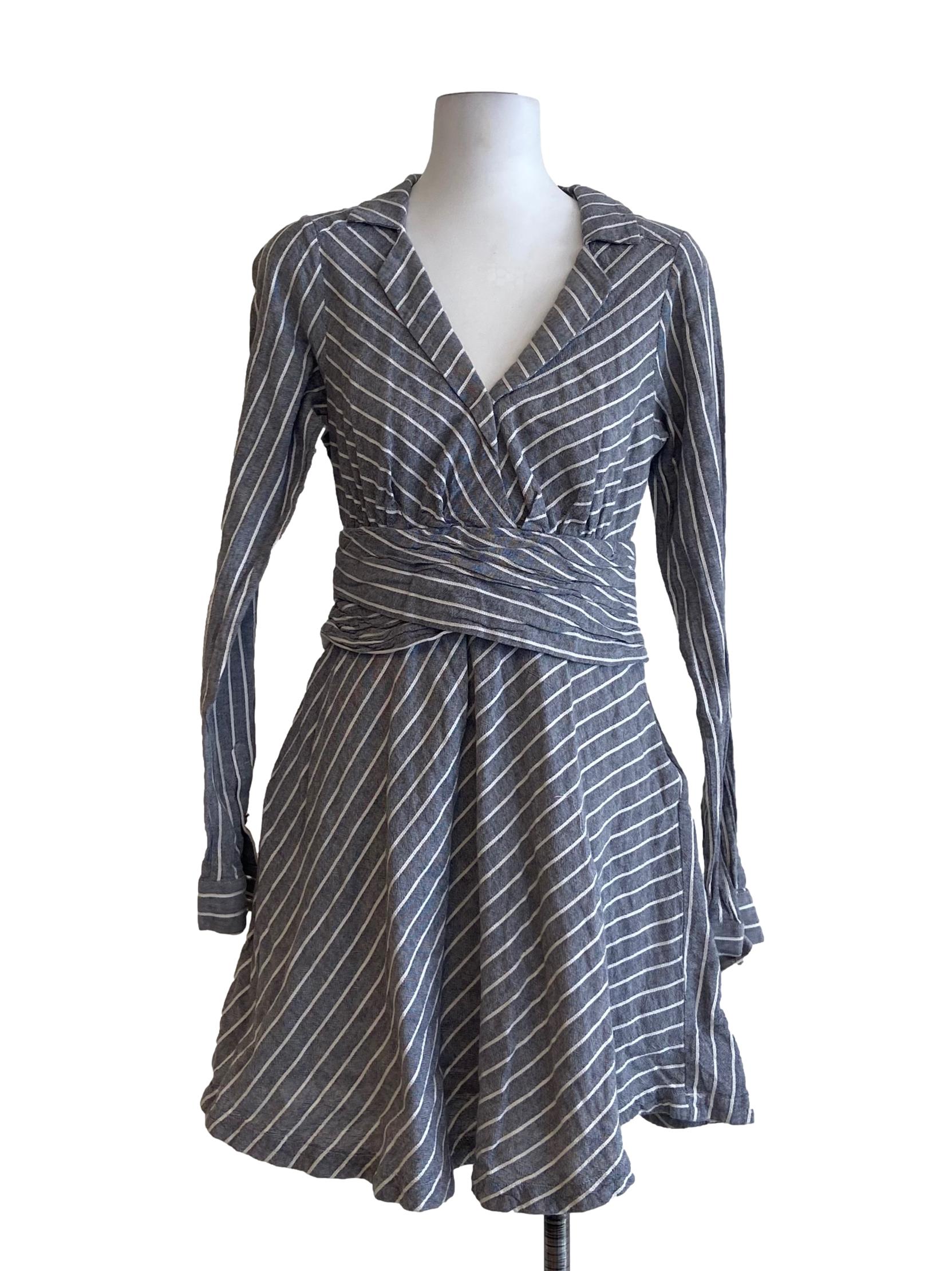 Grey & White Stripe V-Neck Mini Dress