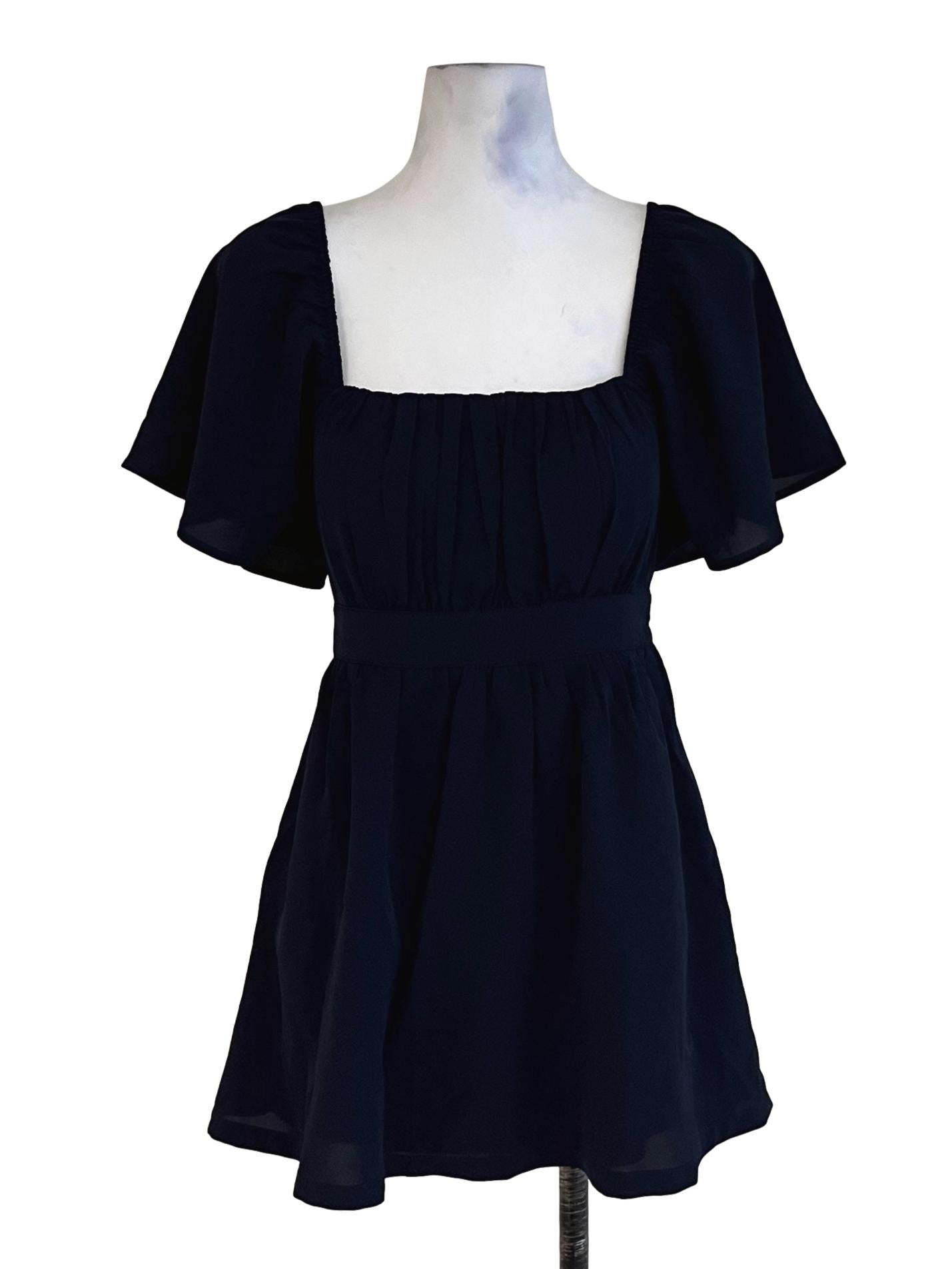 Navy Blue Square Neckline Empire Dress