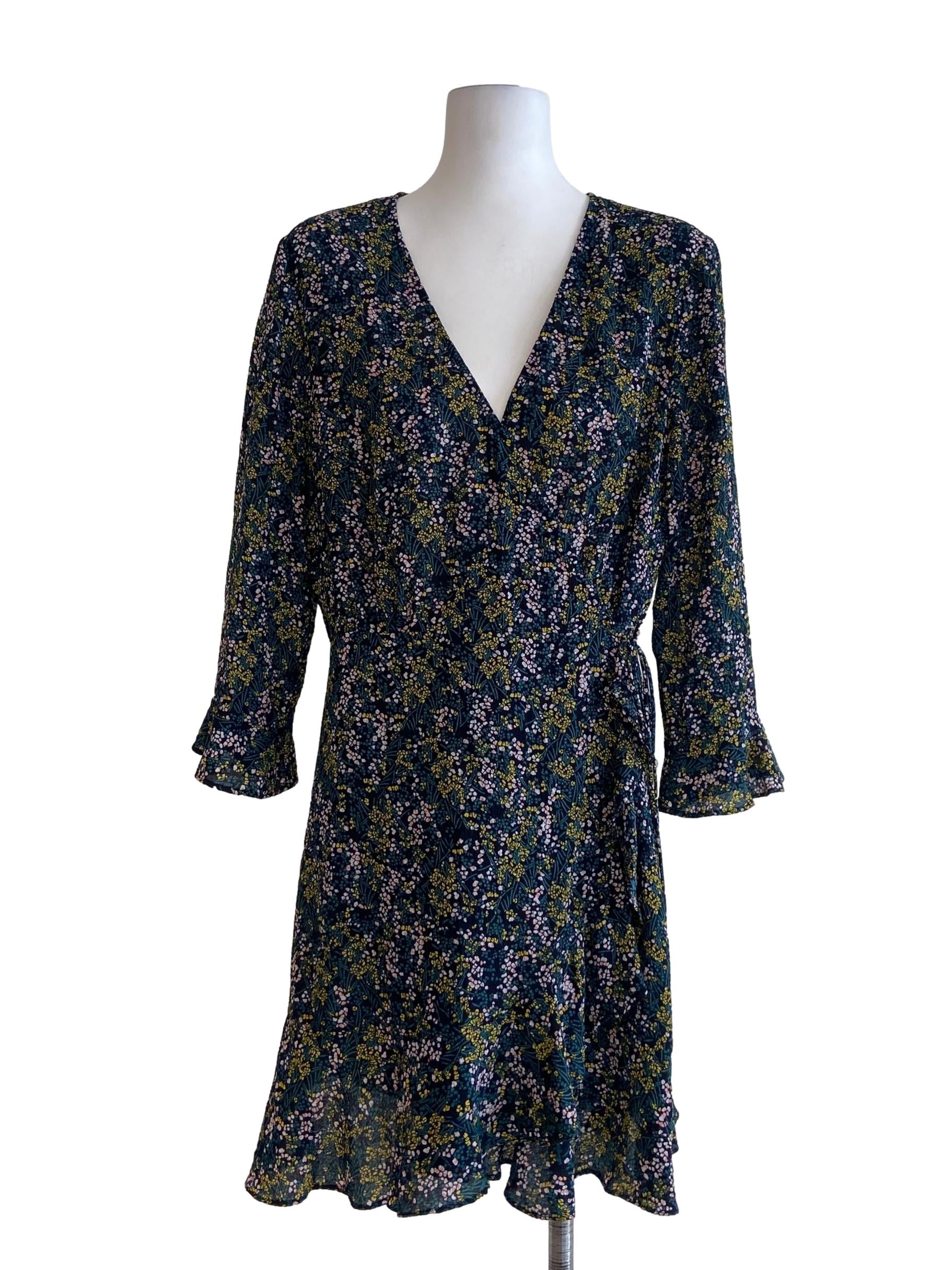 Emerald Green Floral V-Neck Wrap Dress
