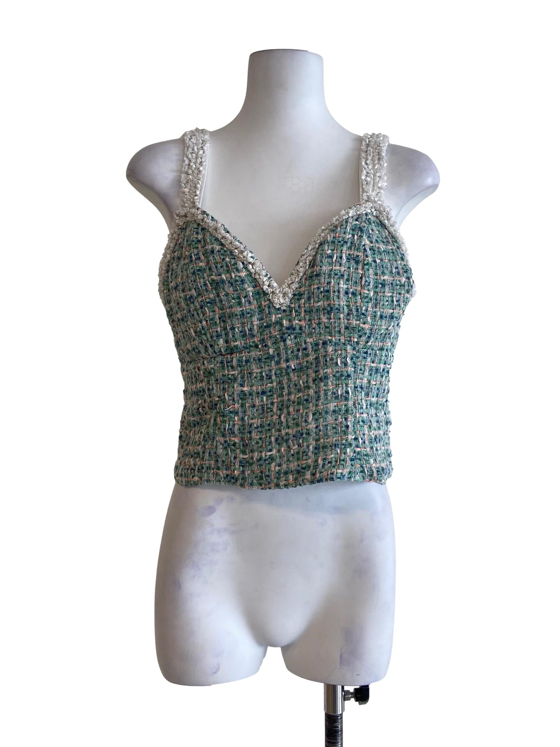 Green Sleeveless Tweed Crop Top