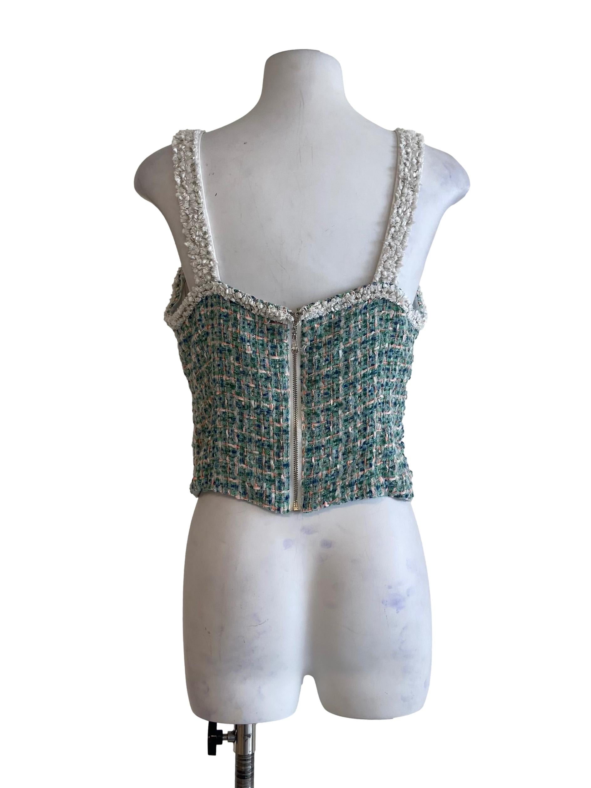 Green Sleeveless Tweed Crop Top