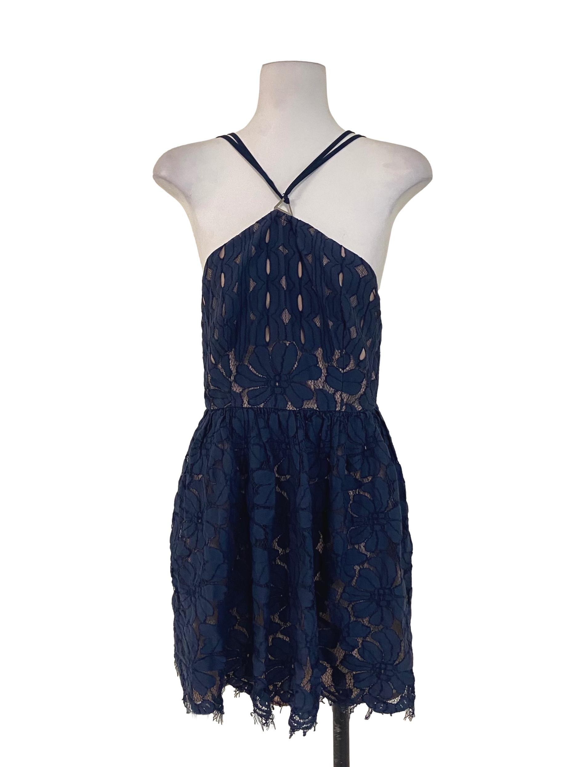 Navy Blue Spaghetti Straps Floral Lace Mini Dress
