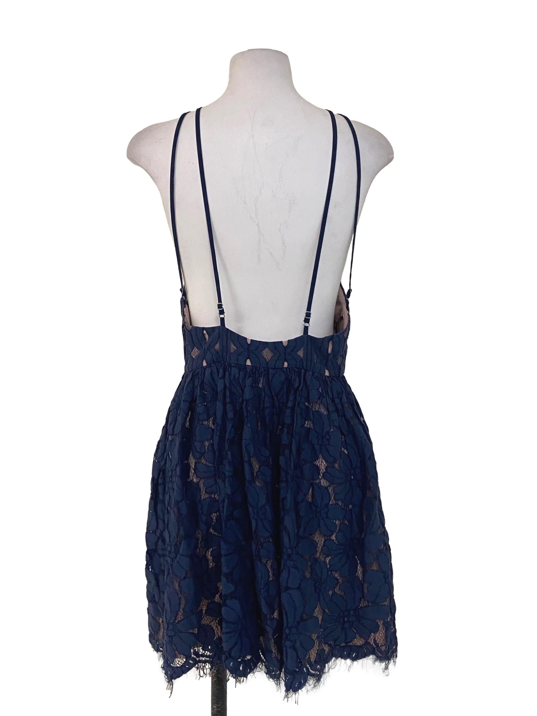 Navy Blue Spaghetti Straps Floral Lace Mini Dress