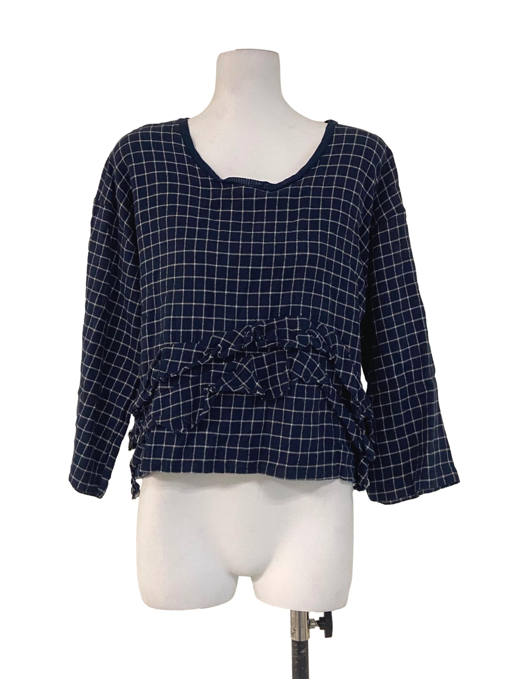 Navy Blue Plaid Ruffled Blouse