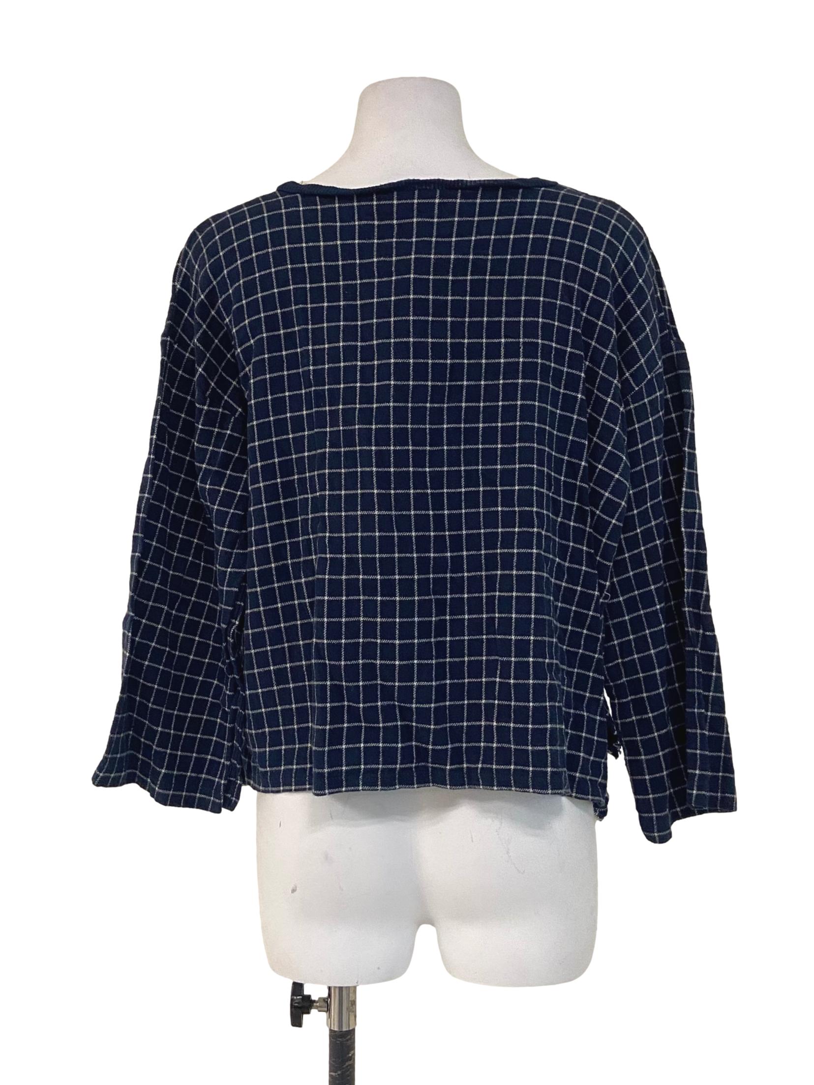 Navy Blue Plaid Ruffled Blouse