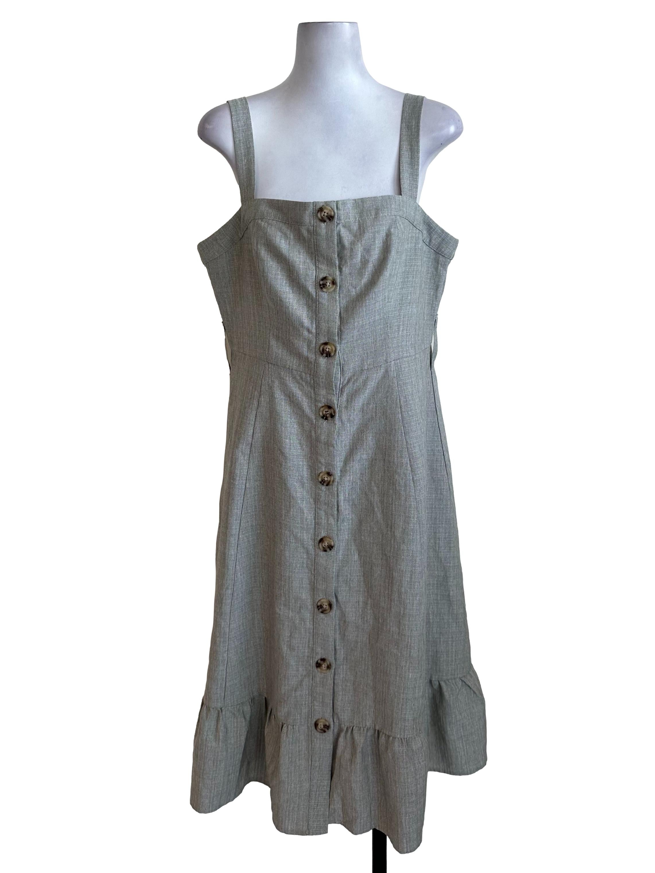 Light Grey Textured Button Ruffle Dress