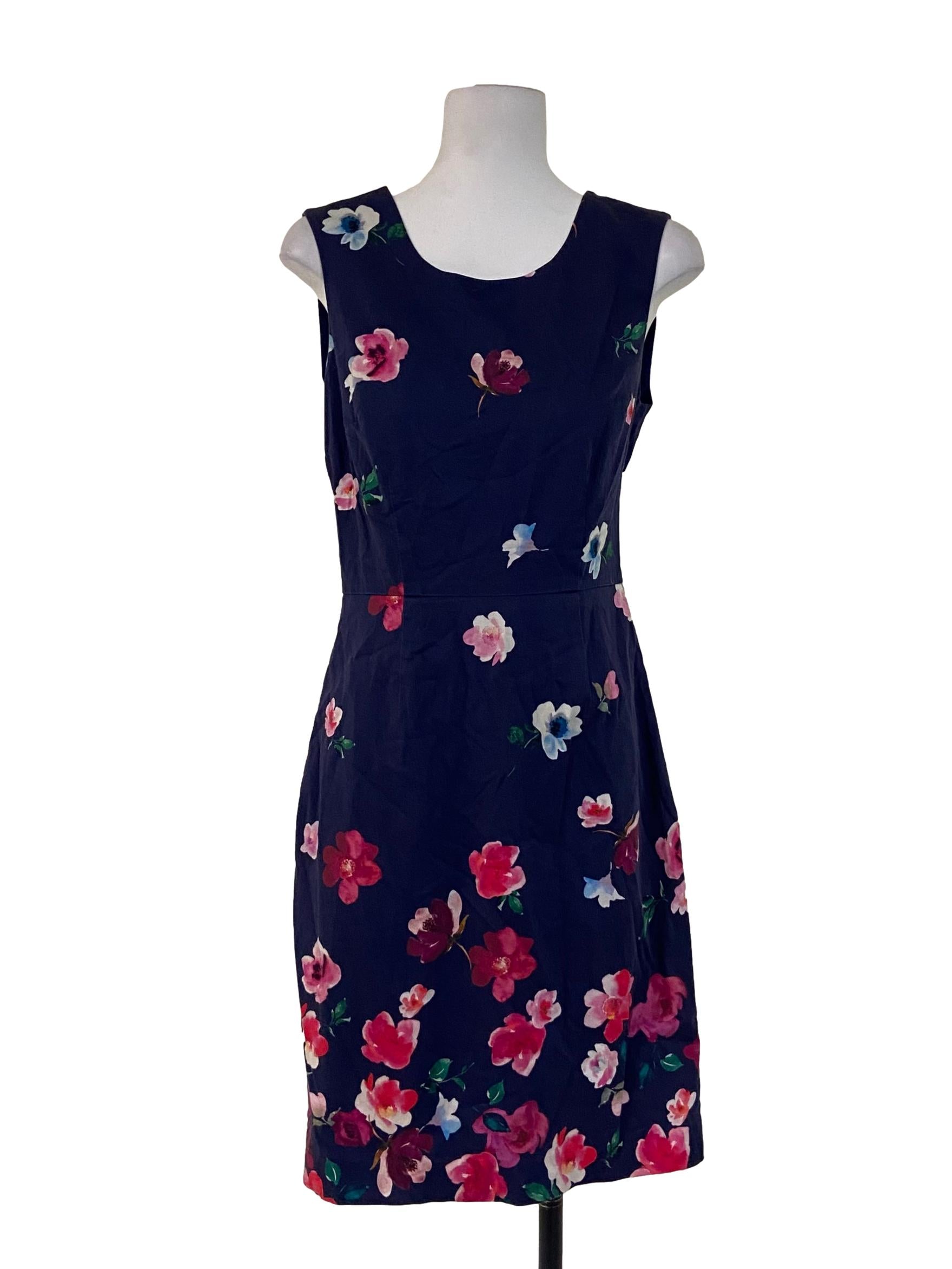 Navy Blue Floral Sleeveless A-Line Slit Dress