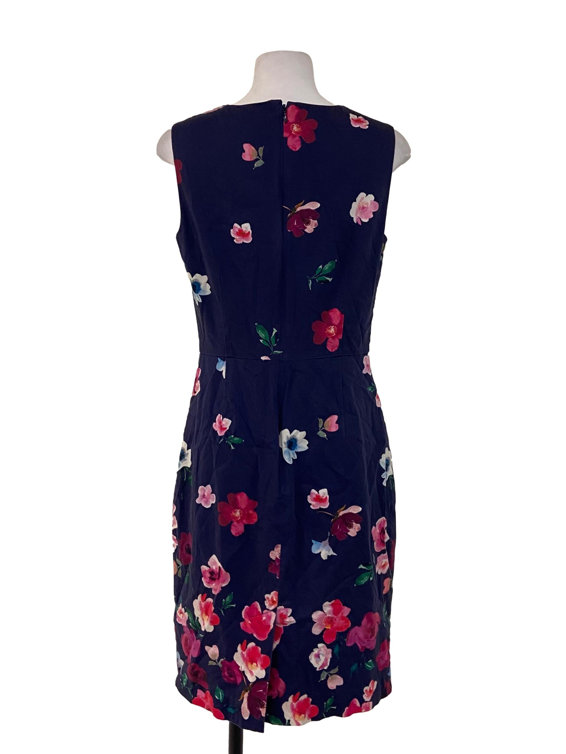 Navy Blue Floral Sleeveless A-Line Slit Dress