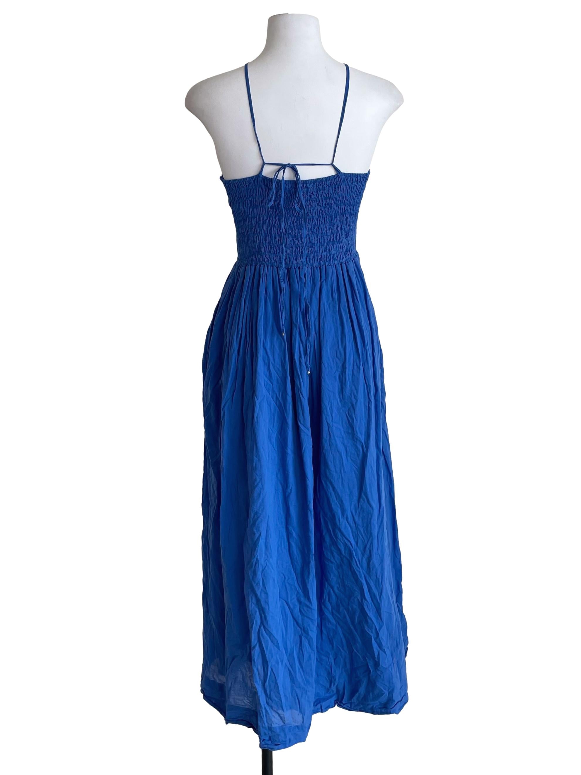 Blue Tie Straps Shirred Dress