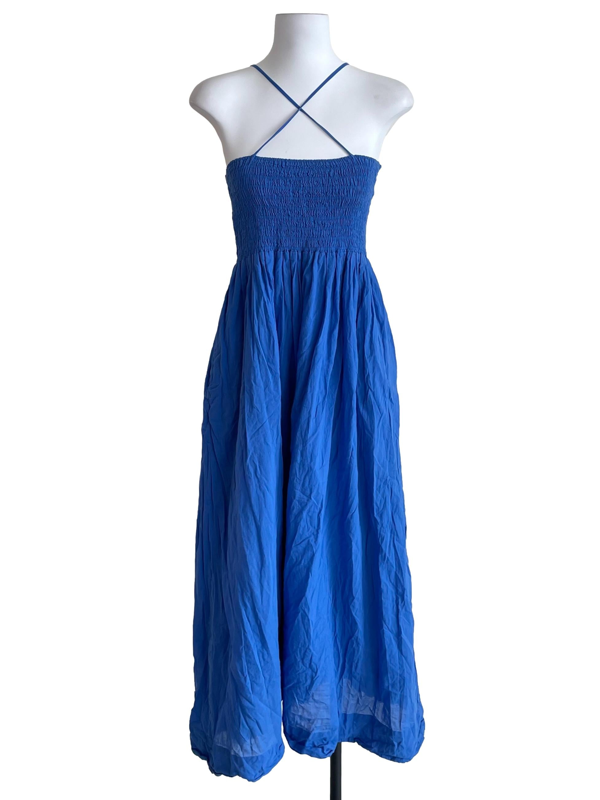 Blue Tie Straps Shirred Dress