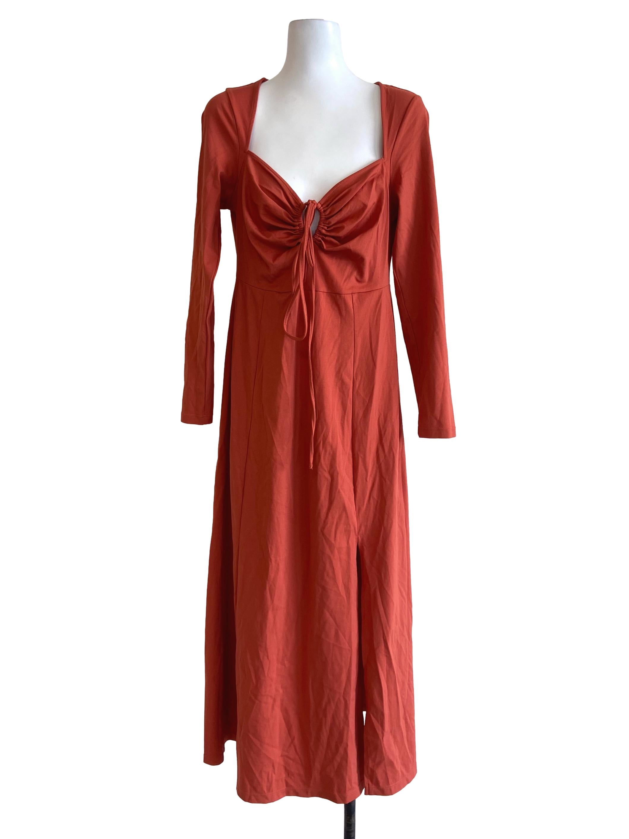 Fire Orange Slit Twill Empire Dress