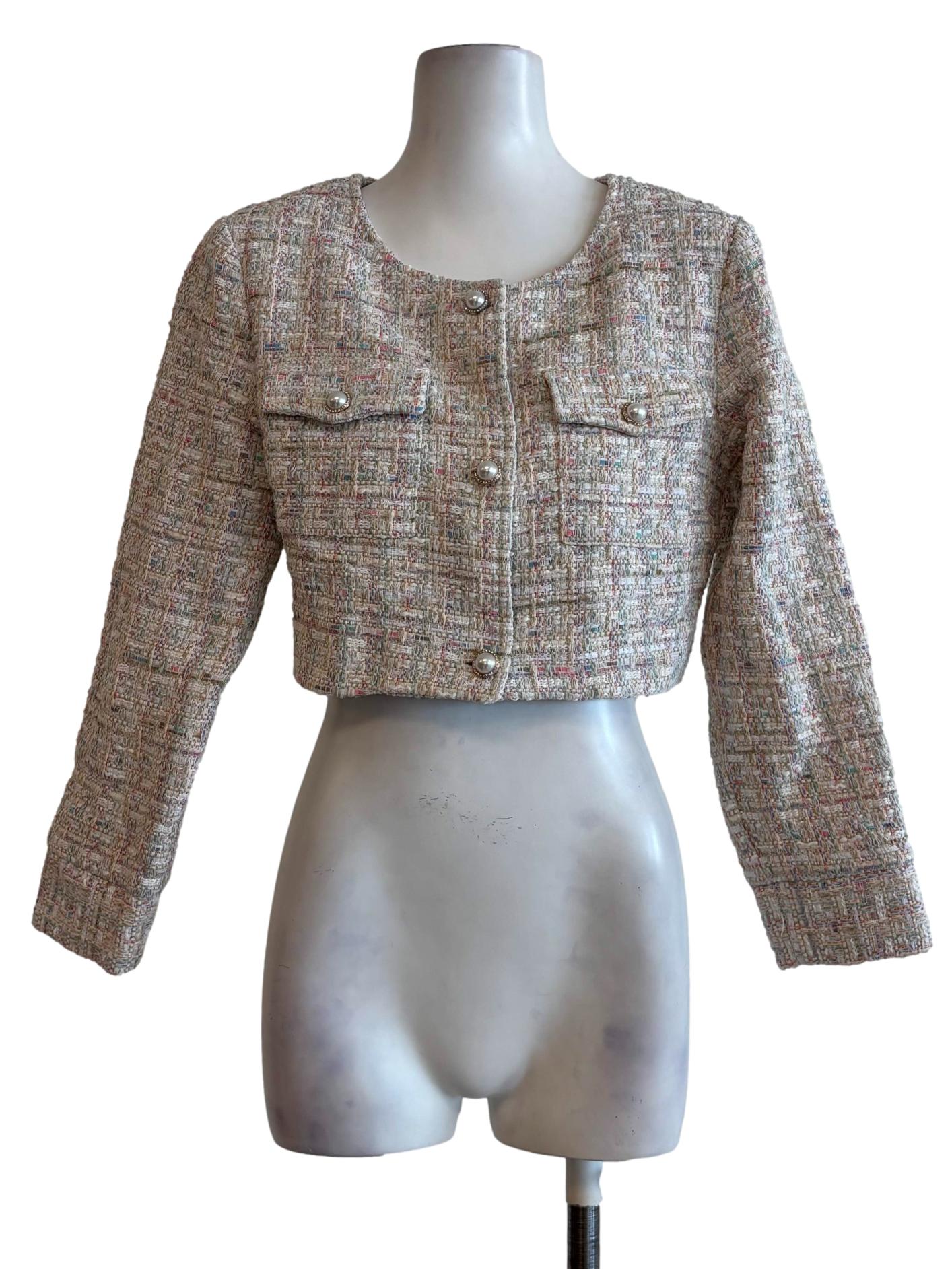 Merino Pastel Pearl Button Tweed Crop Jacket