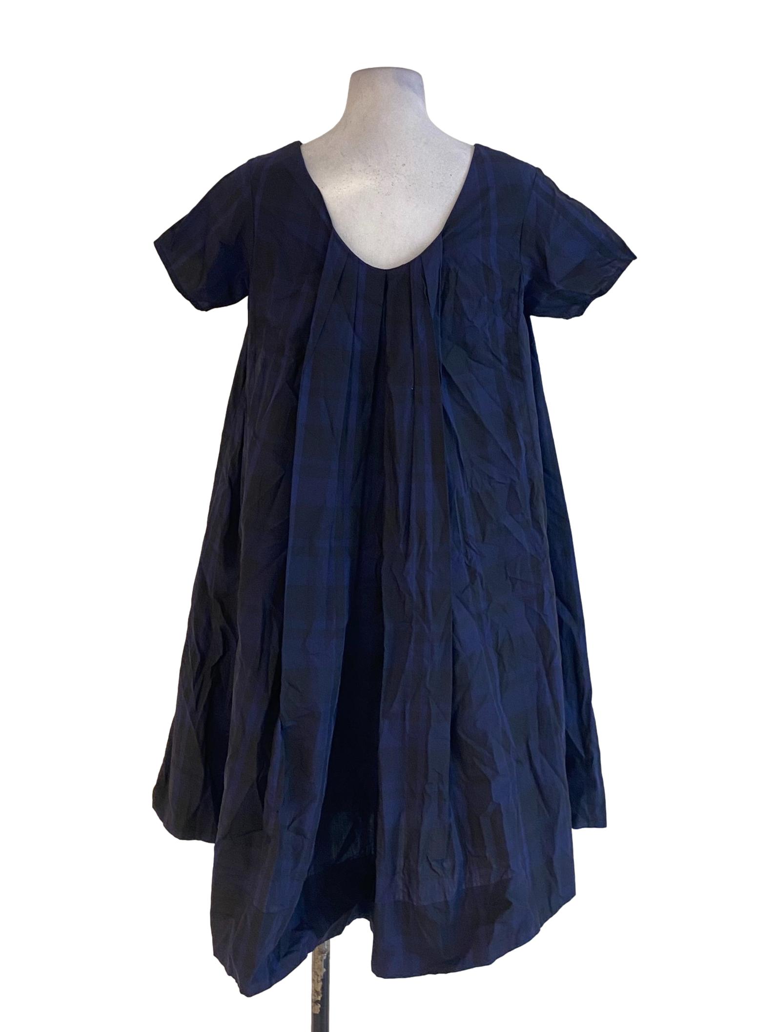 Navy Blue Plaid Square Neck Trapezoid Shirt Dress