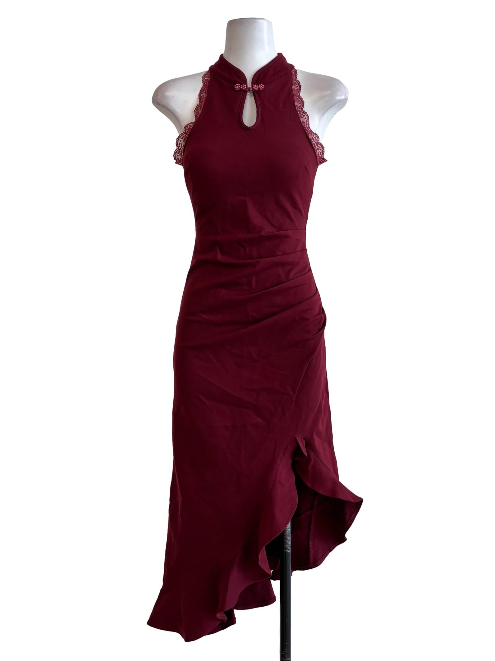 Maroon Asymmetrical Ruched Cheongsam Dress