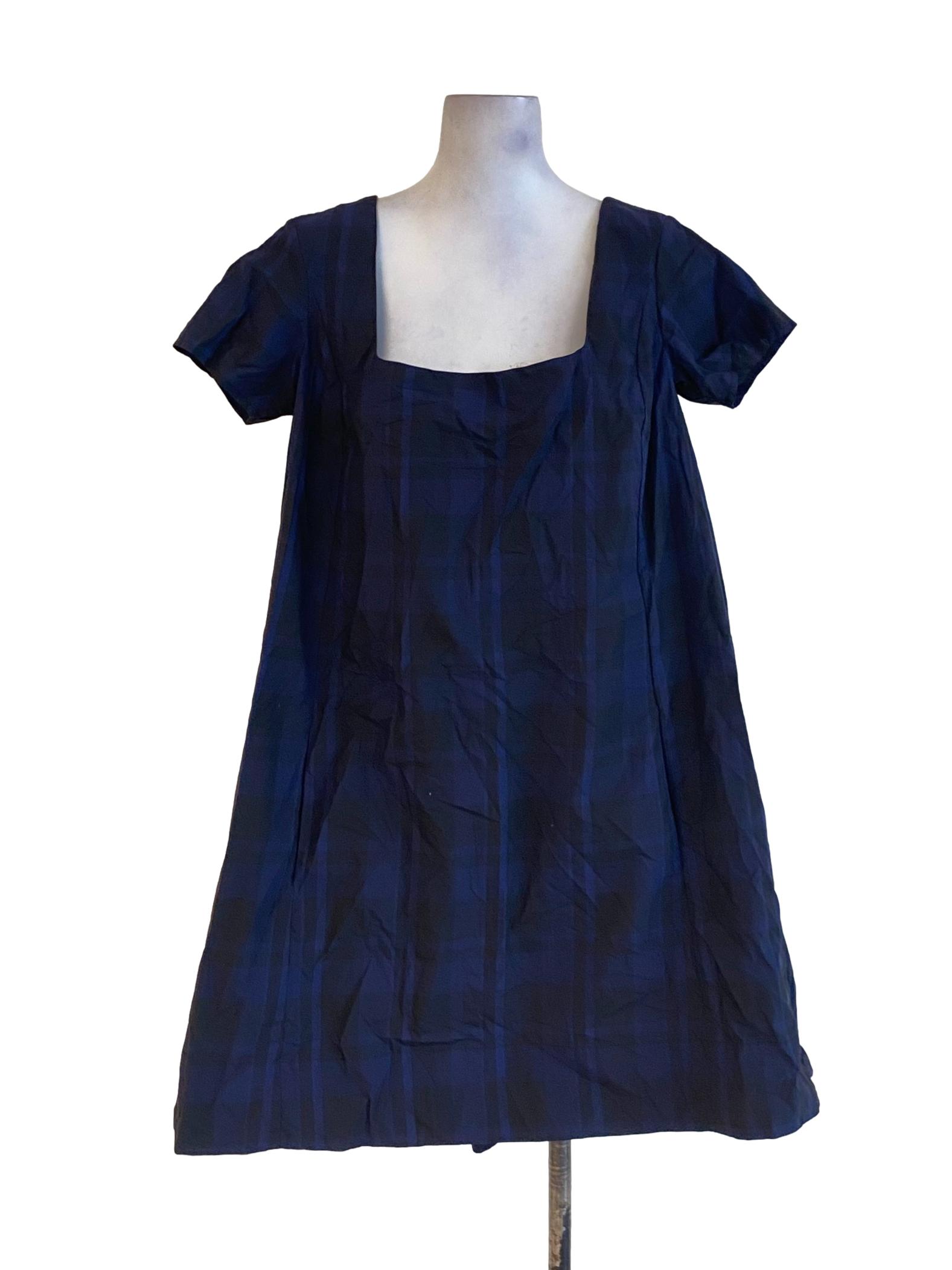 Navy Blue Plaid Square Neck Trapezoid Shirt Dress