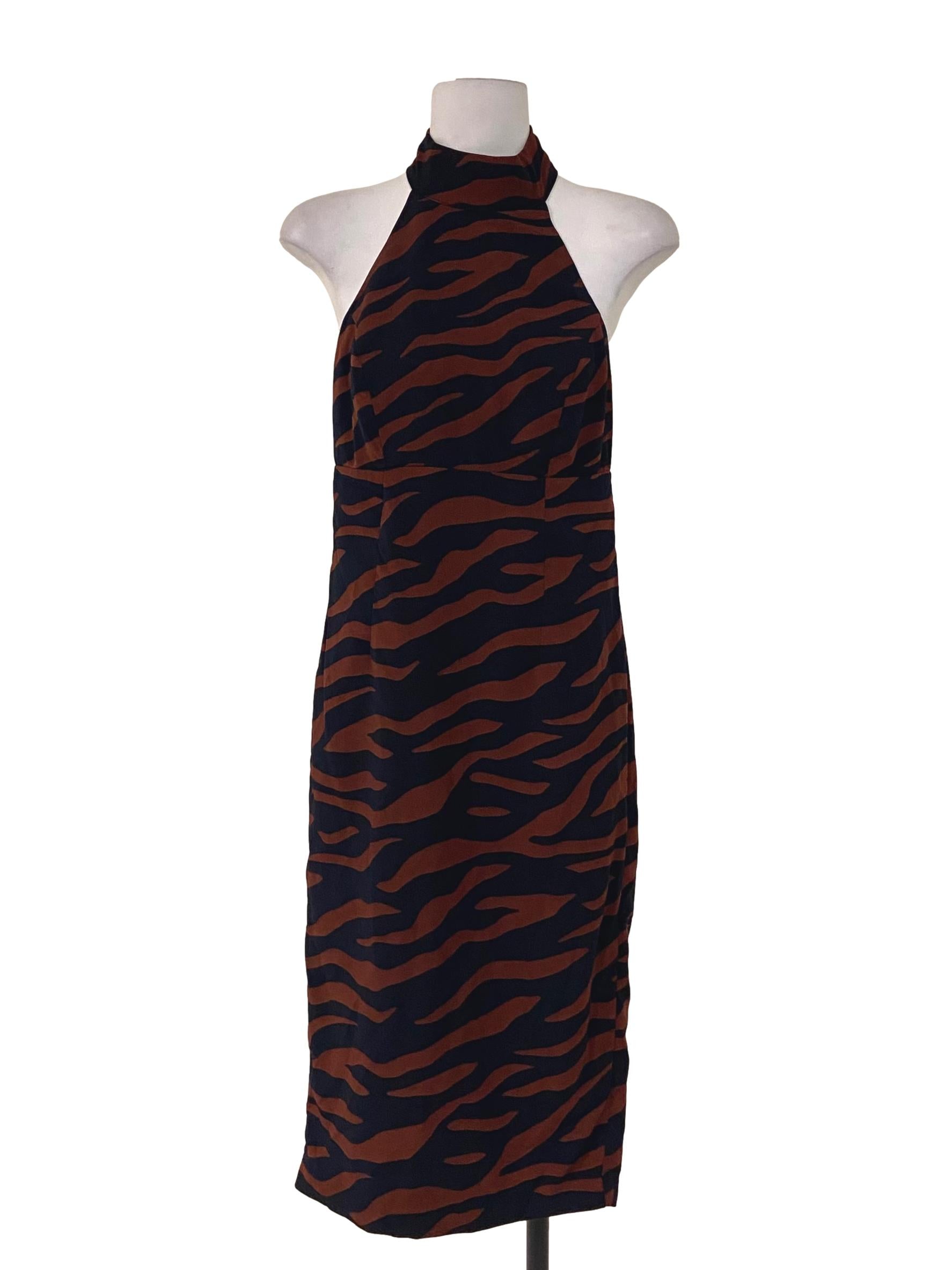 Brown & Black Stripe Halter Neck Bodycon Dress