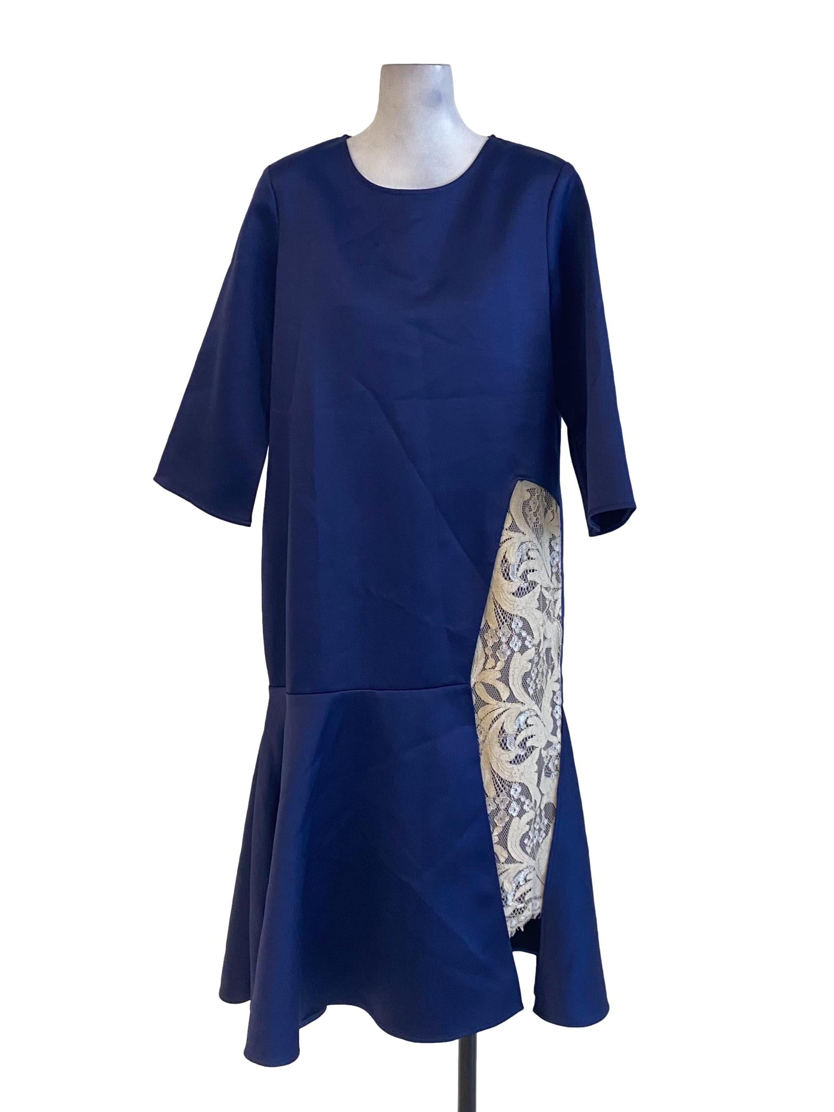 Midnight Blue Floral Lace Round Neck Drop Waist Dress