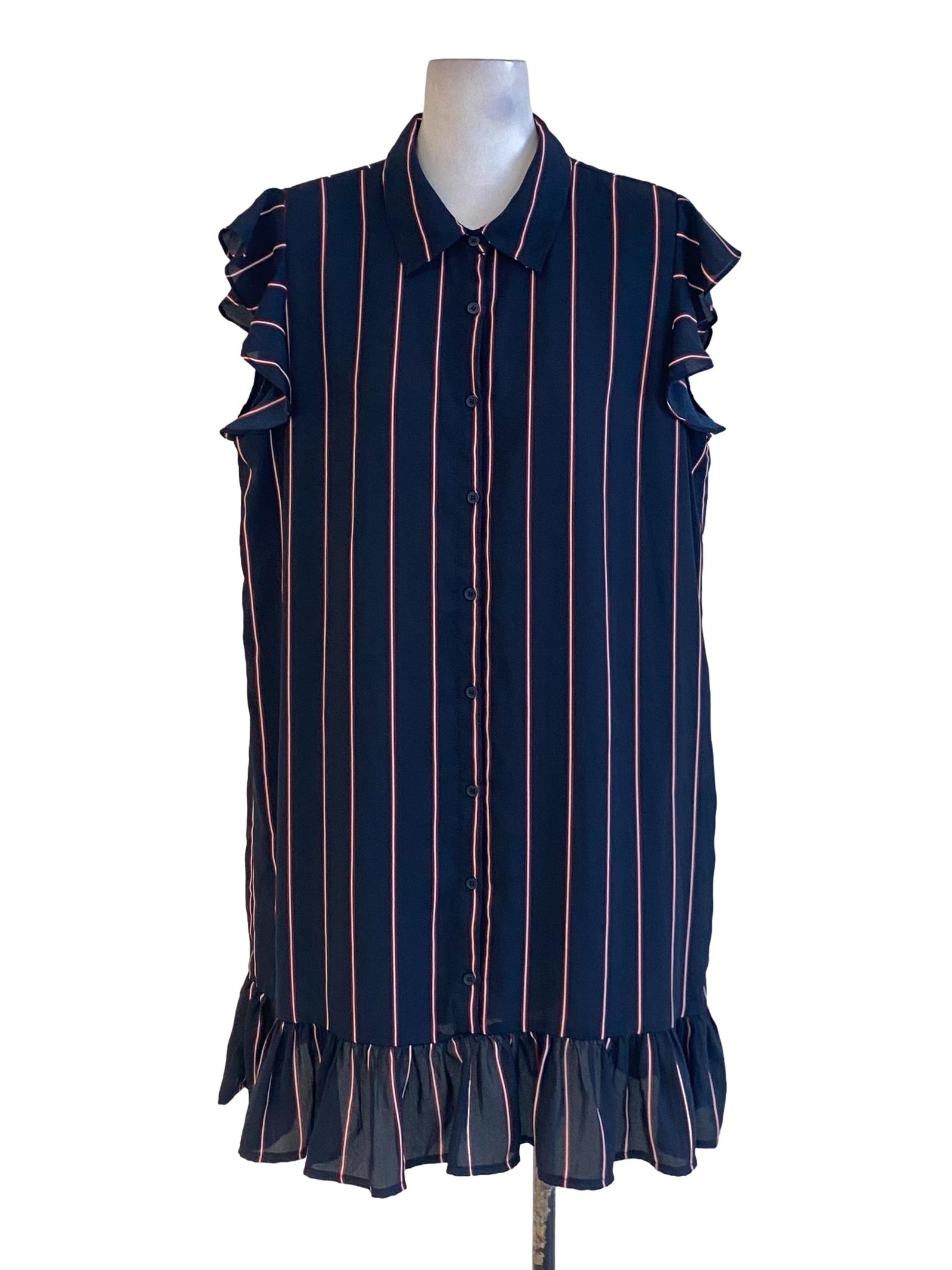 Navy Blue Stripes Buttoned Down Ruffle Sleeve Drop Waist Dress