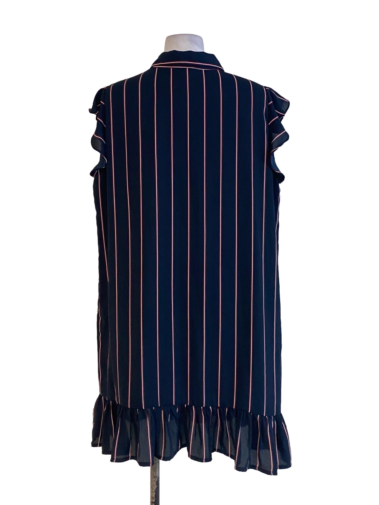 Navy Blue Stripes Buttoned Down Ruffle Sleeve Drop Waist Dress