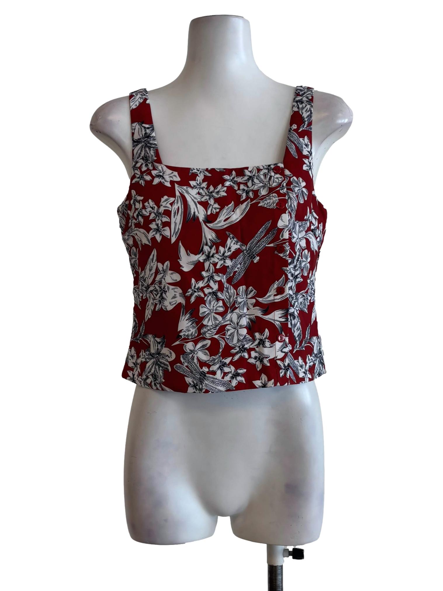 Vermillon Red White Floral Print Sleeveless Top