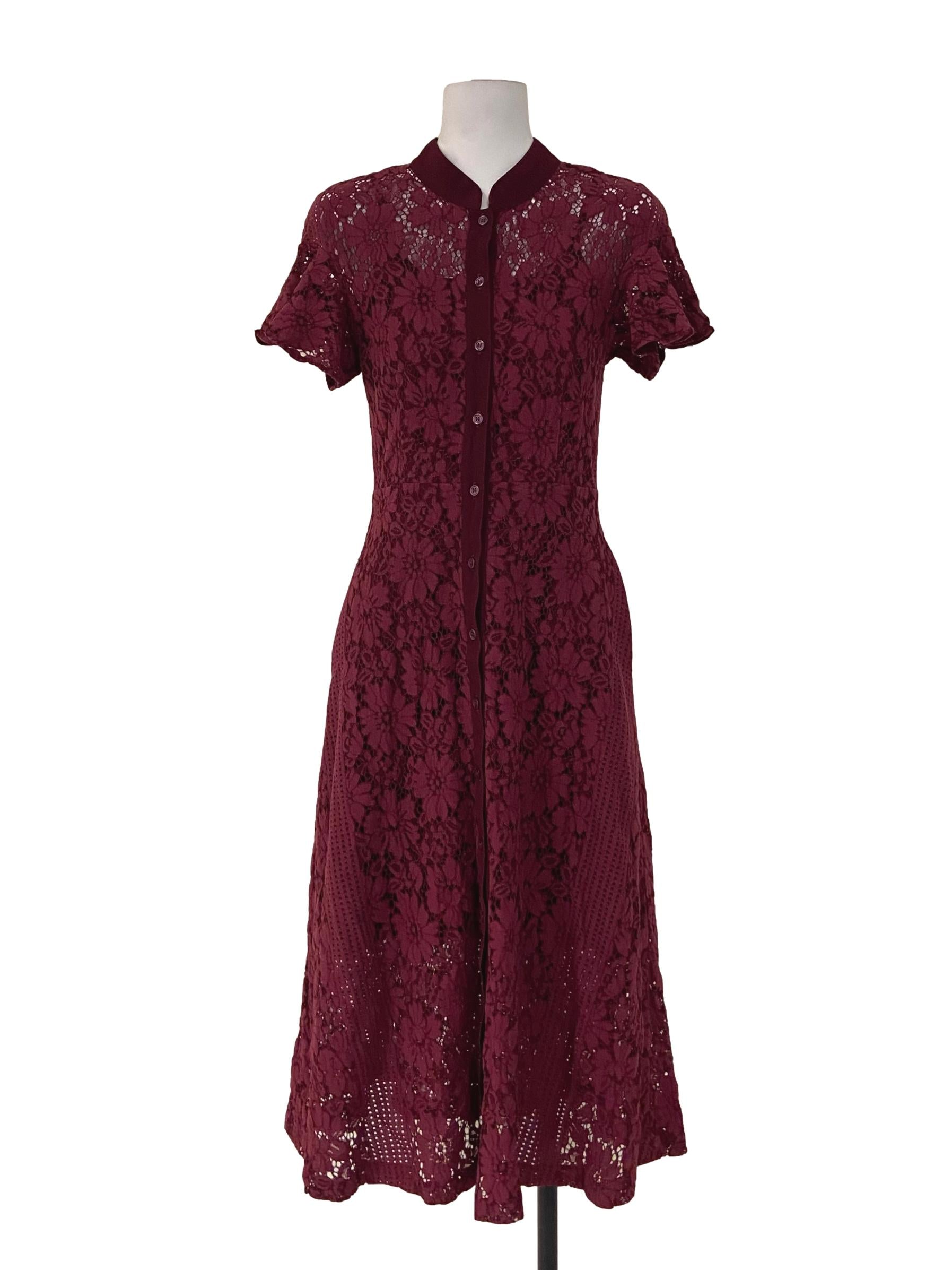 Magenta Purple Floral Lace Button Down Shirt Dress