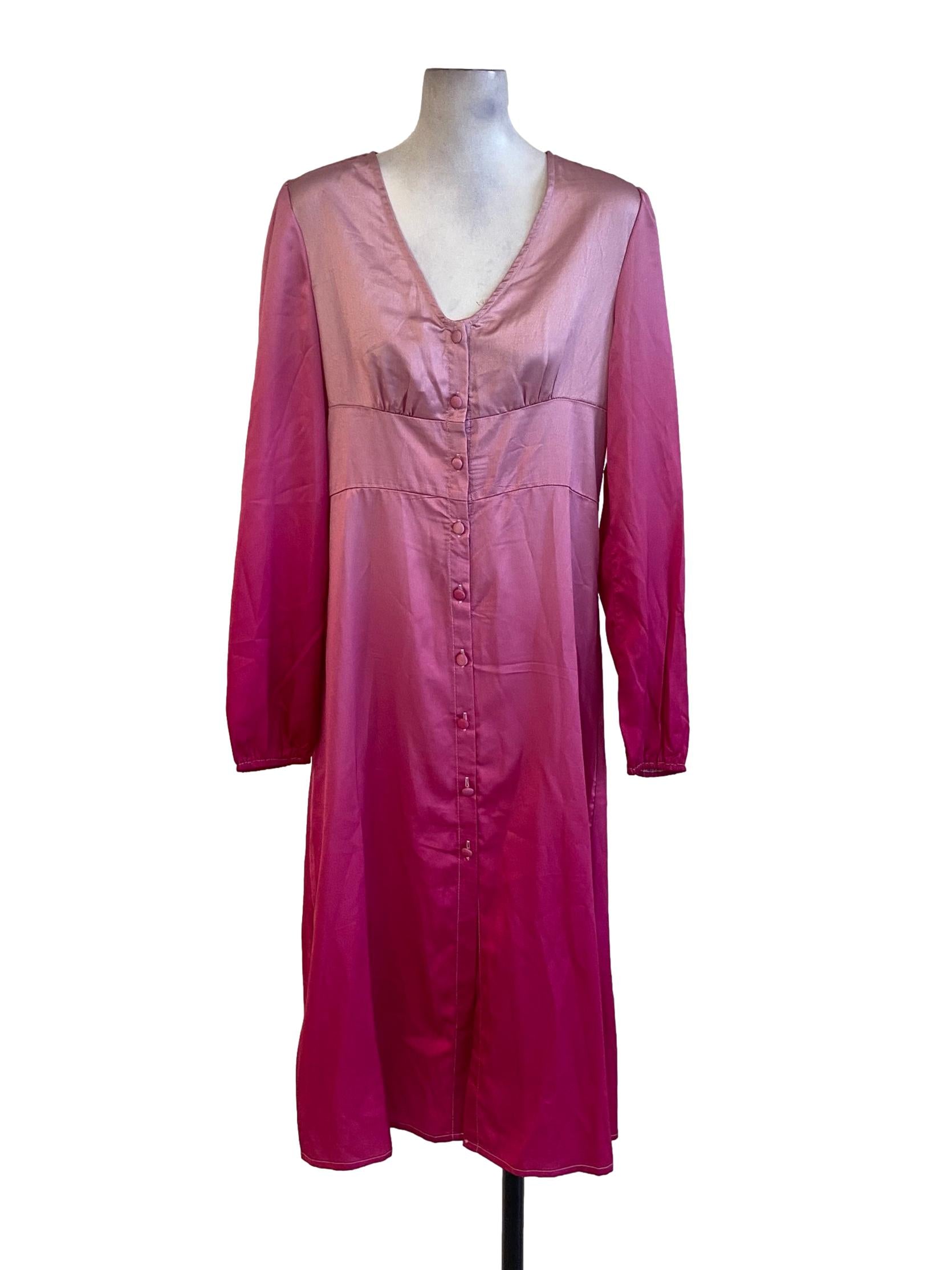 Hot Pink Ombre Buttoned Down V-Neck Shirt Dress