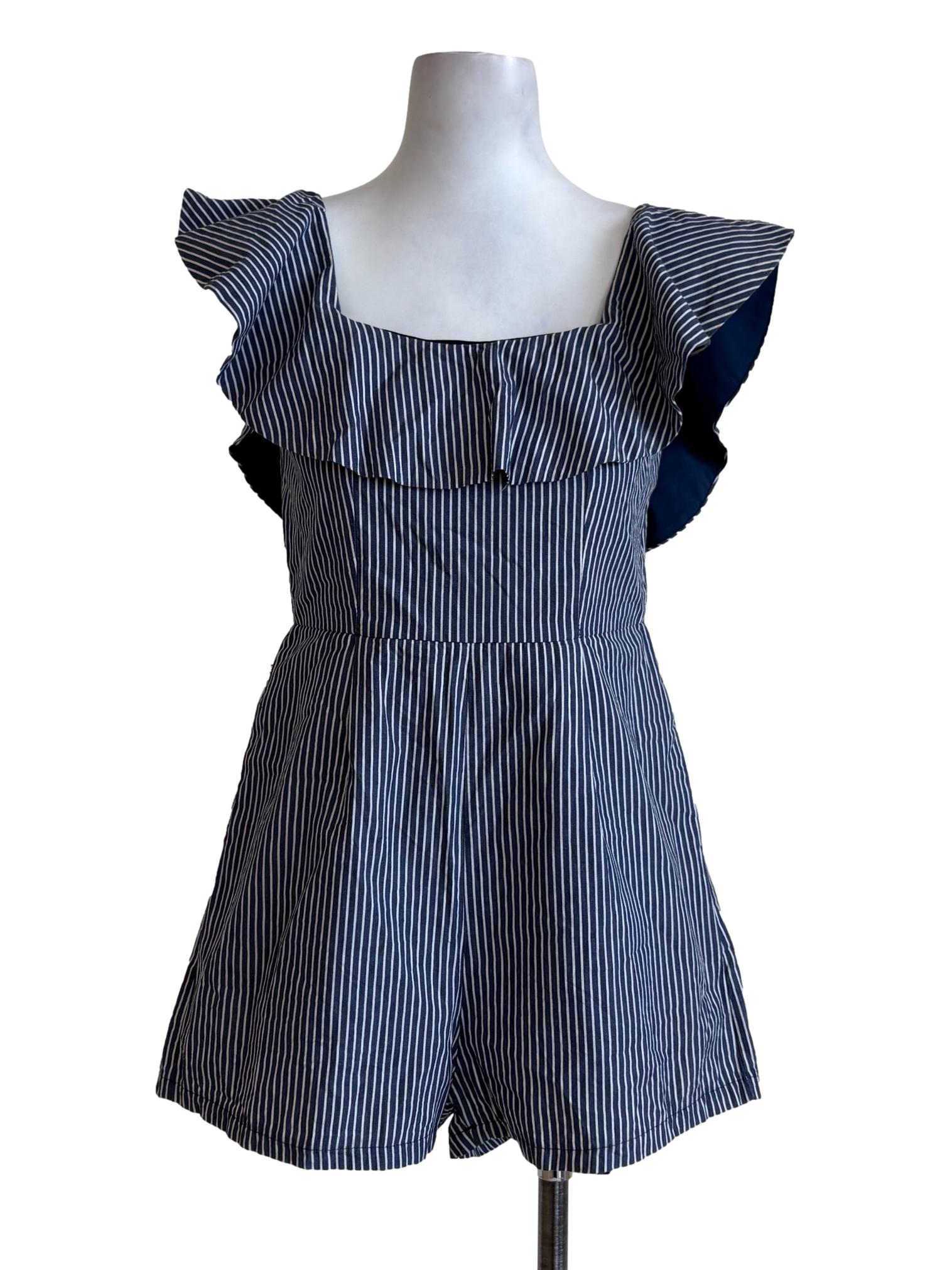 Navy Blue Stripes Ruffle Rompers