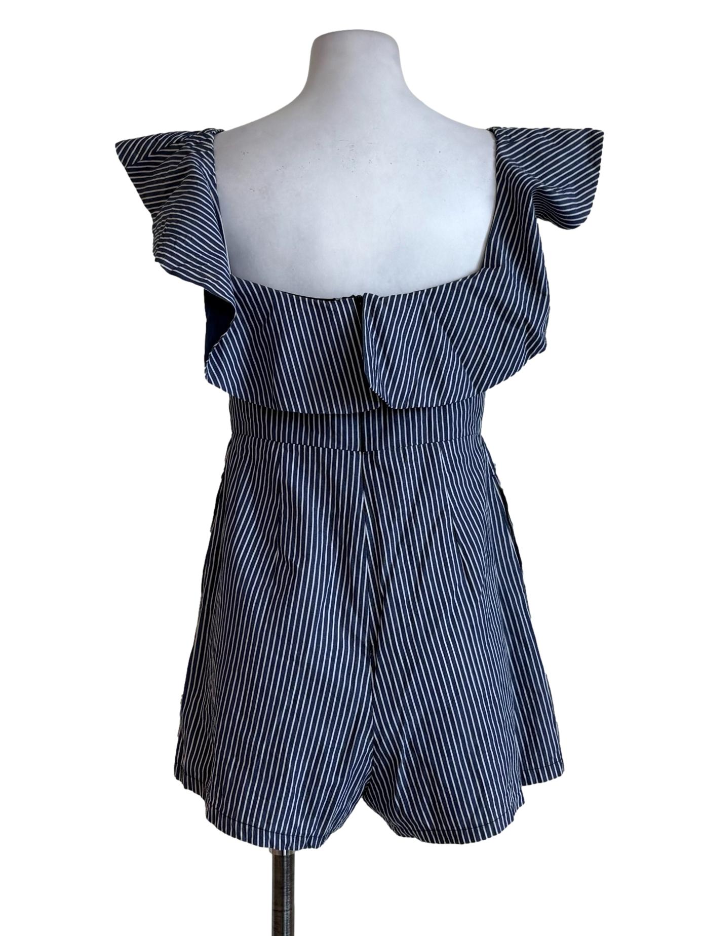 Navy Blue Stripes Ruffle Rompers